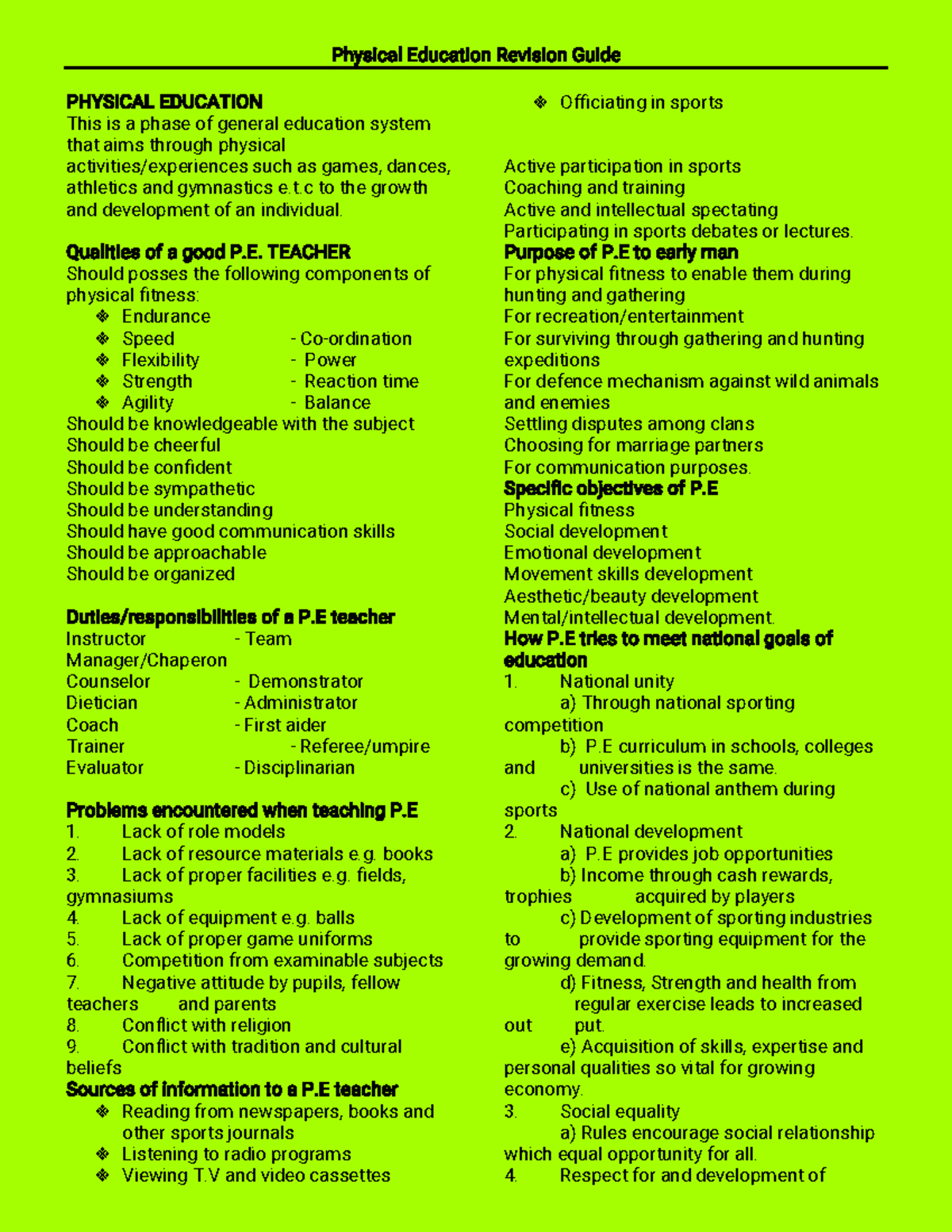 Physical Education Revision Guide - PE 101 Final Exam Notes - Studocu