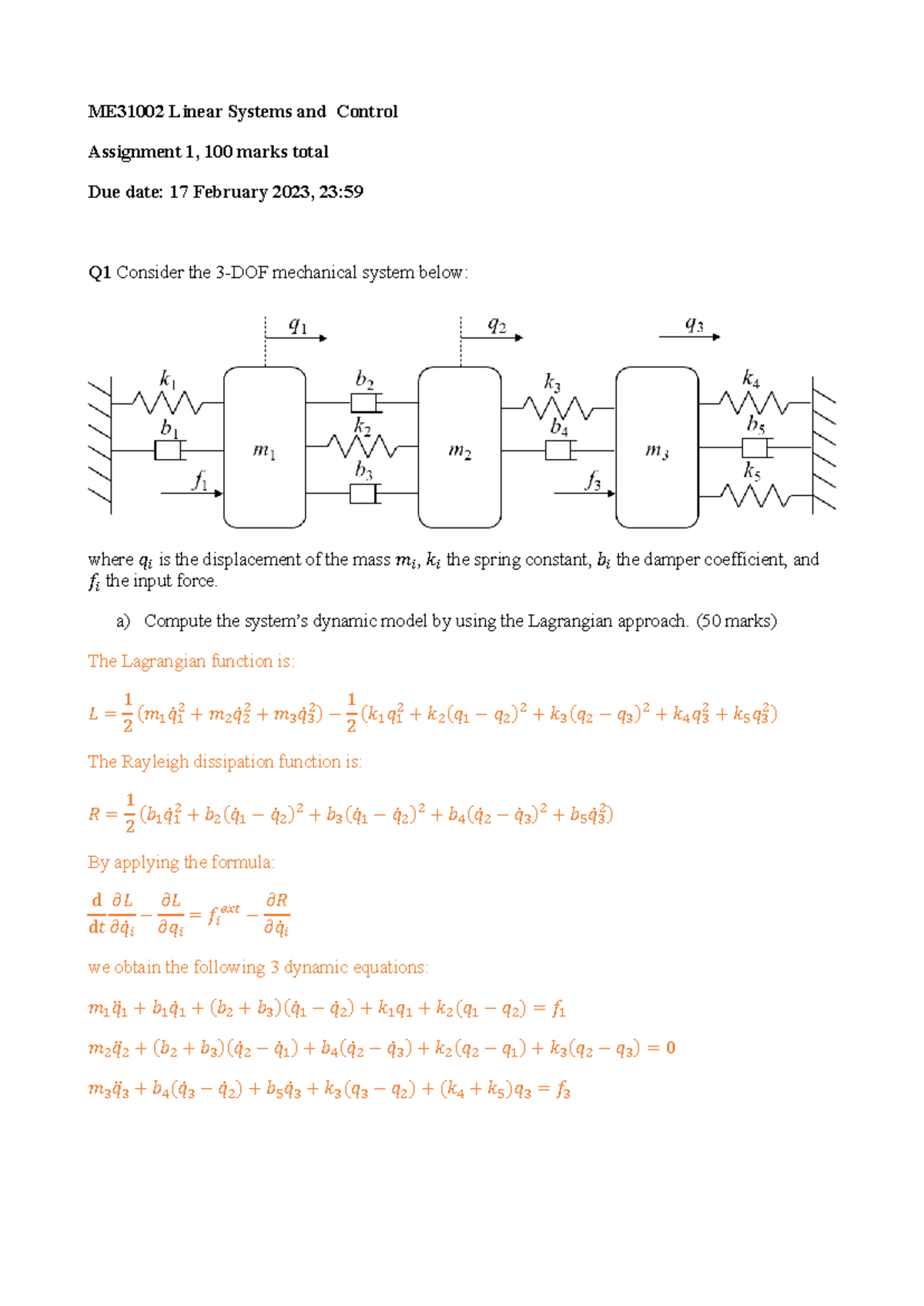 ME3100 Assignment 1 Solutions: Linear Systems & Control Analysis - Studocu