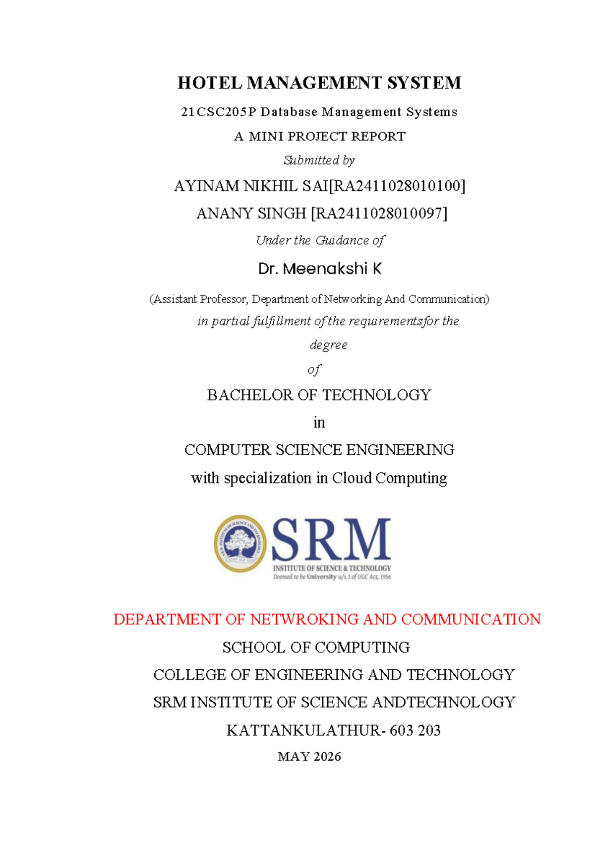 21CSC205P Hotel Management System Mini Project Report - Studocu