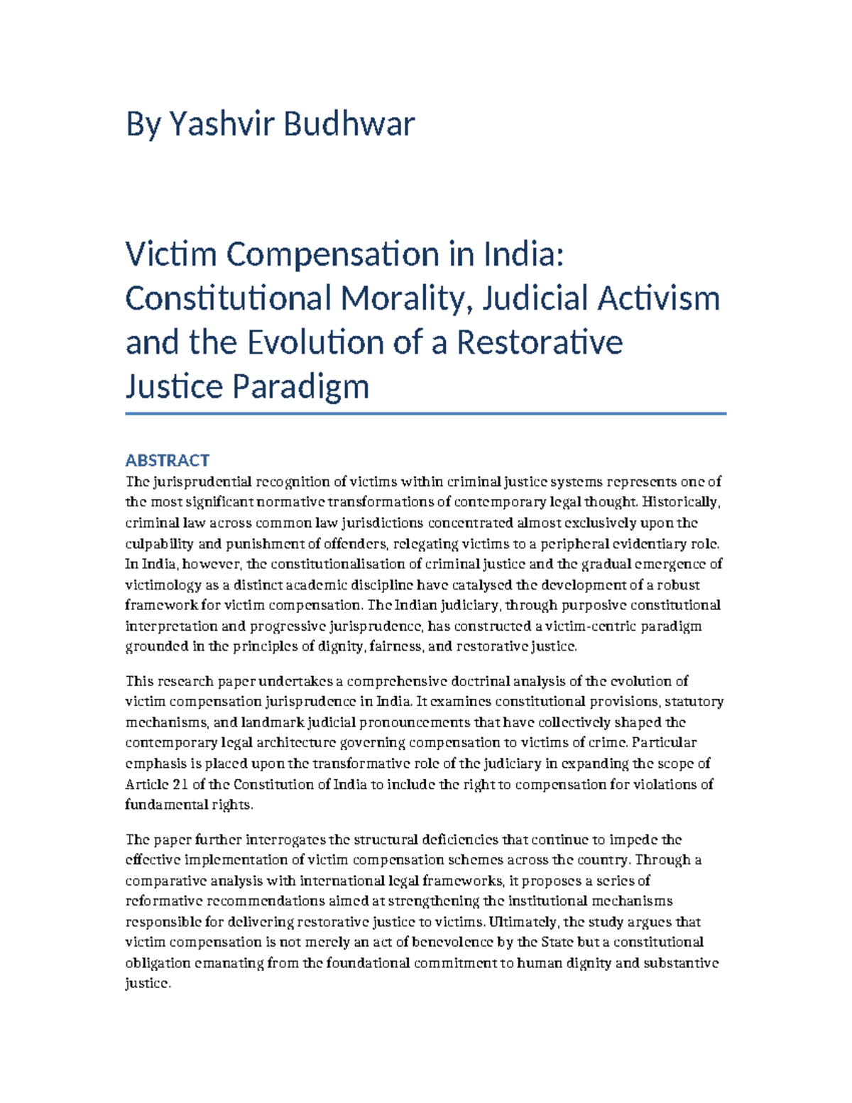 Victim Compensation in India: A Study on Judicial Activism and Justice ...