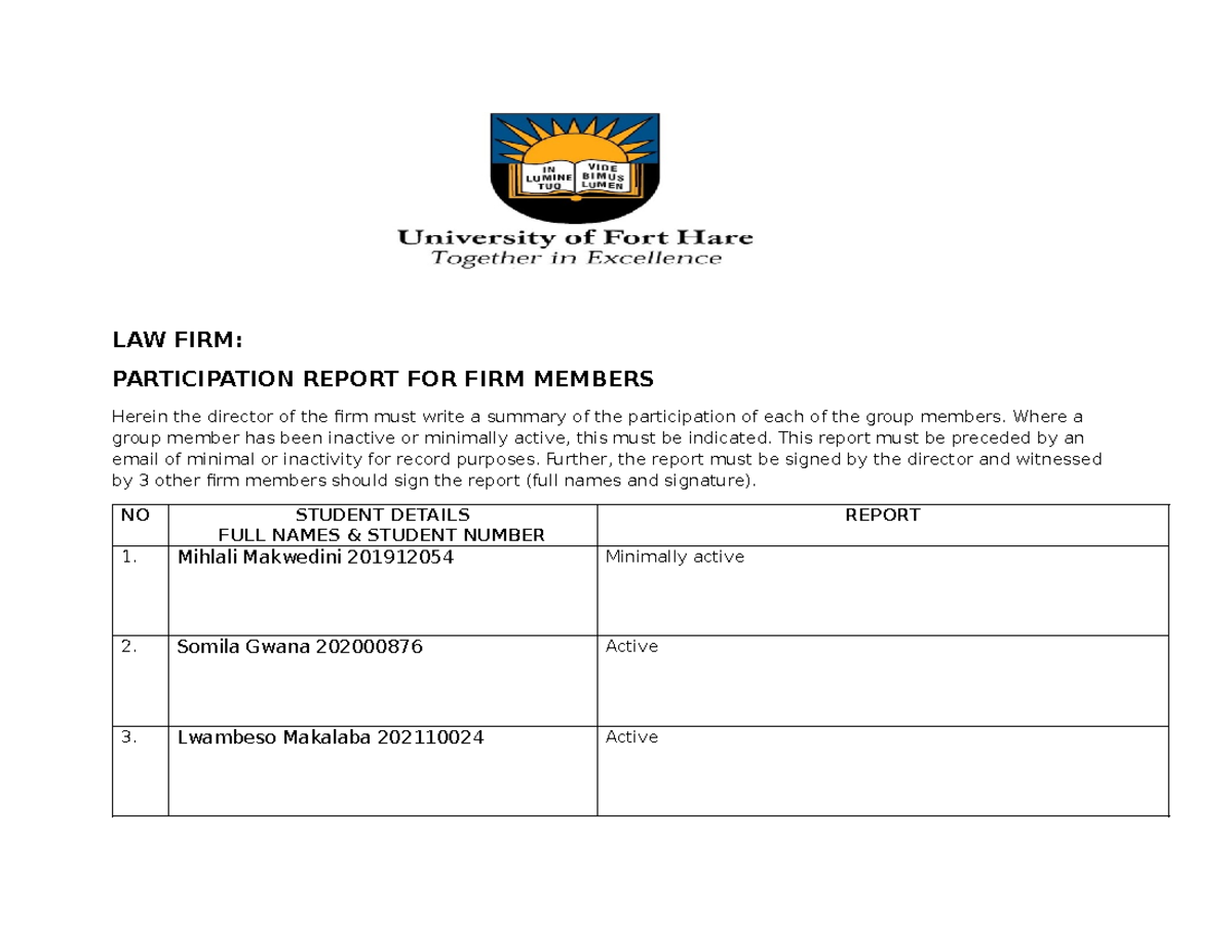 Director's Participation Report for Law Firm Members - Studocu