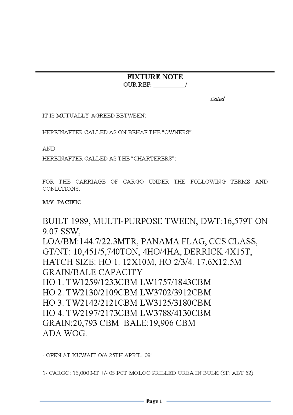 Fixture Note for General Cargo Treaty - M/V Pacific - Studocu