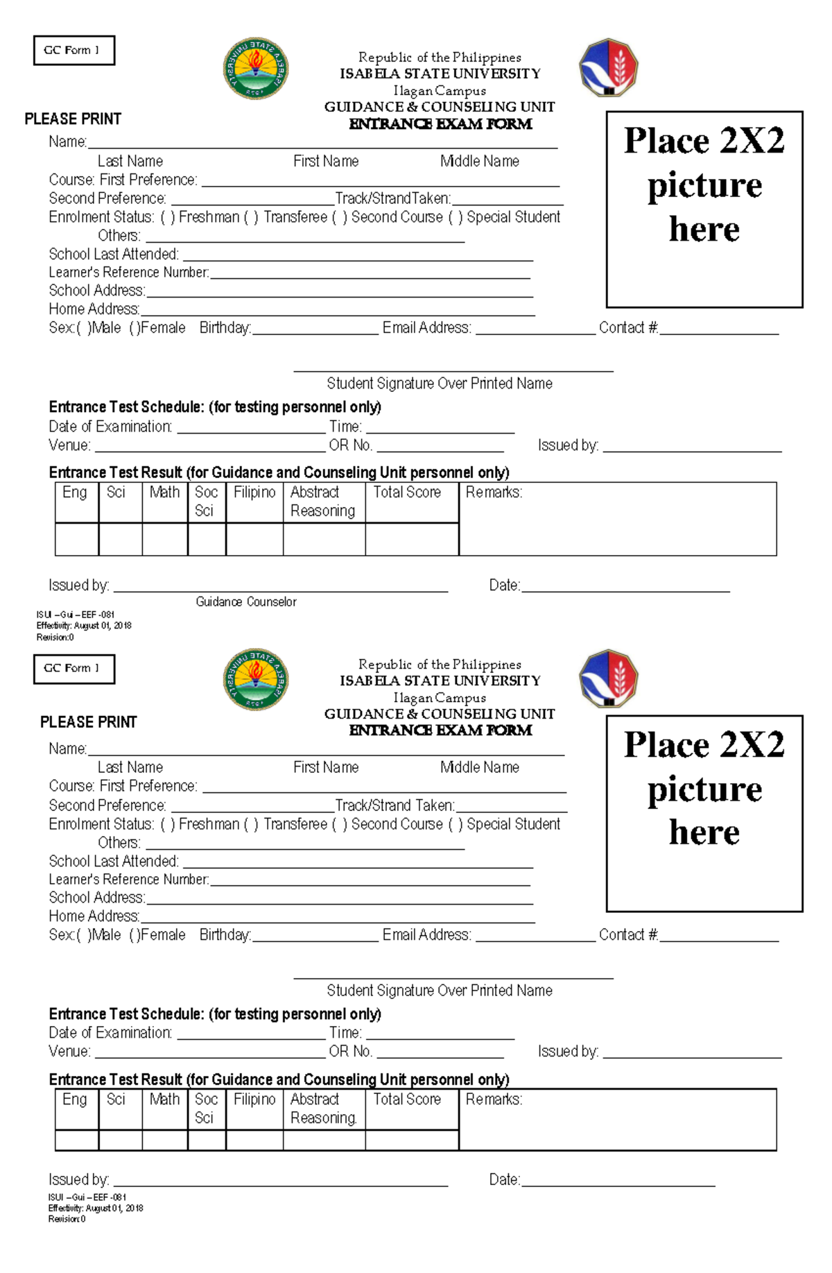 Form1-Entrance-Exam-Form new - ISUI – Gui – EEF - 081 Effectivity ...