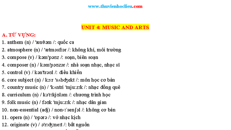 UNIT 4: MUSIC AND ARTS - VOCABULARY & GRAMMAR NOTES - Studocu