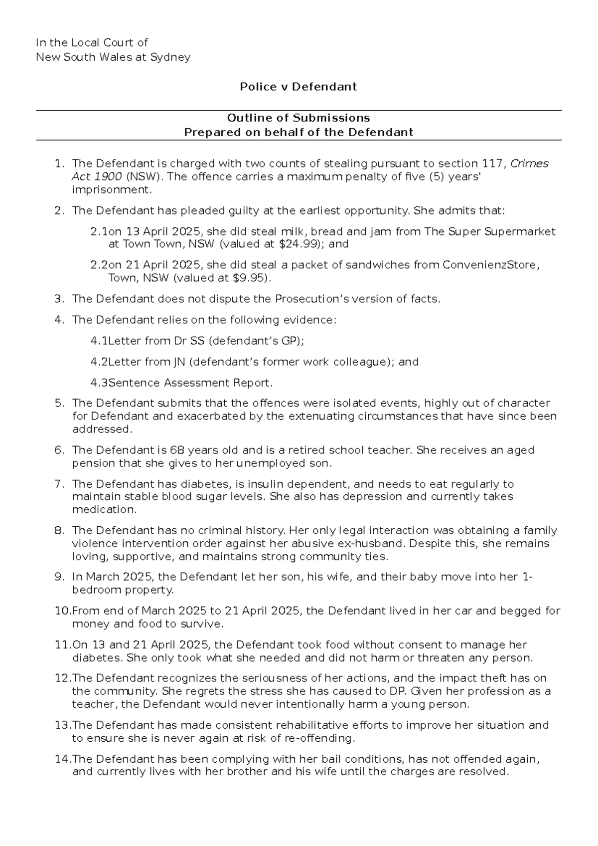 NSW Police v Defendant: Outline of Submissions for Sentencing - Studocu