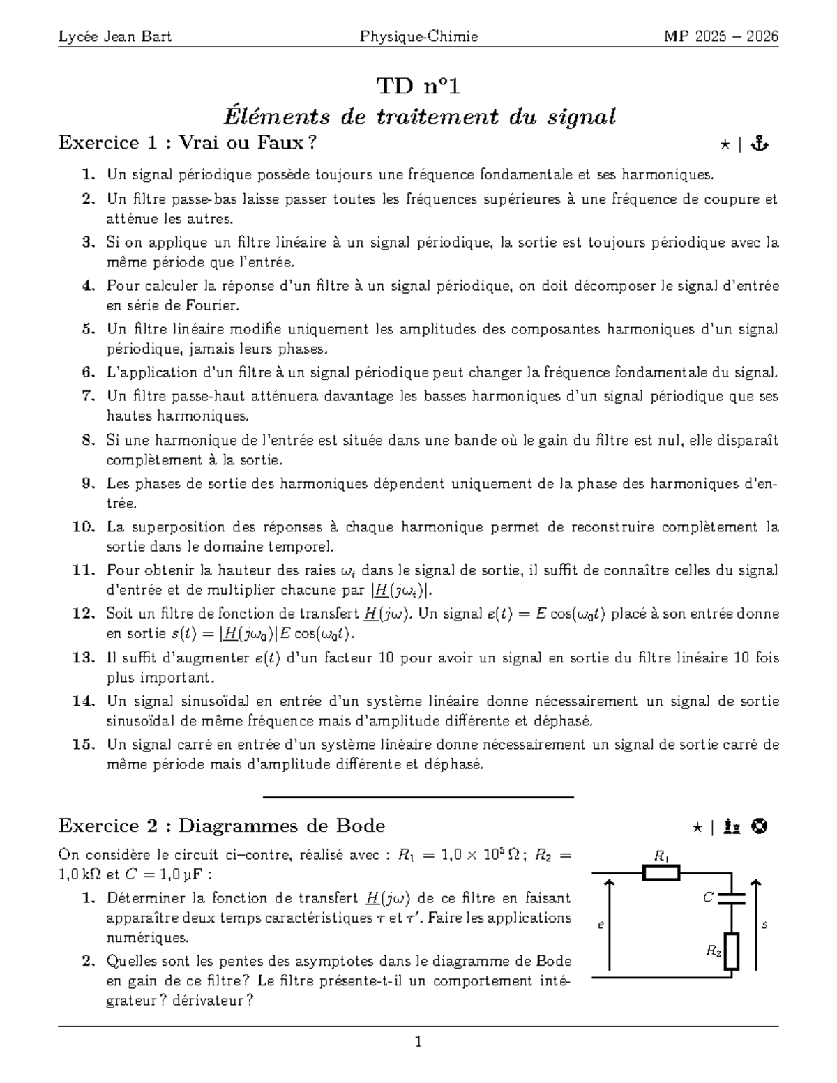 TD1 Traitement du Signal - Lycée Jean Bart MP 2025-2026 - Studocu