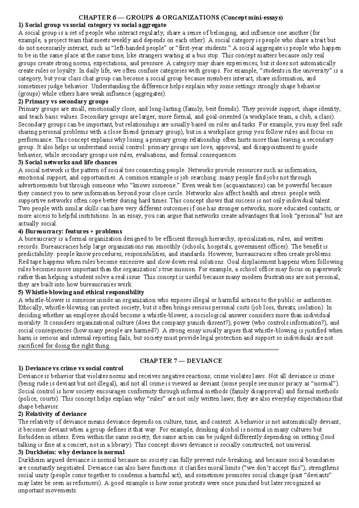 CHAPTER 6 & 7: Social Groups, Networks, and Deviance Concepts - Studocu