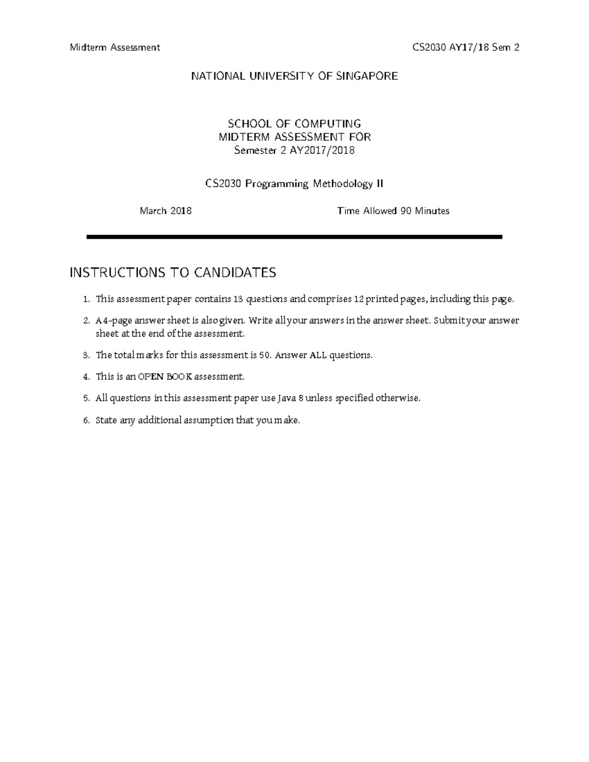 Midterm-1718-s2 - Midterm Practice Paper for CS2030S - NATIONAL ...