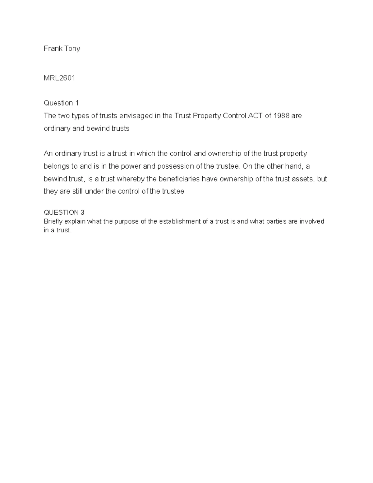 MRL2601 Trust Property Control Act Overview and Types of Trusts - Studocu