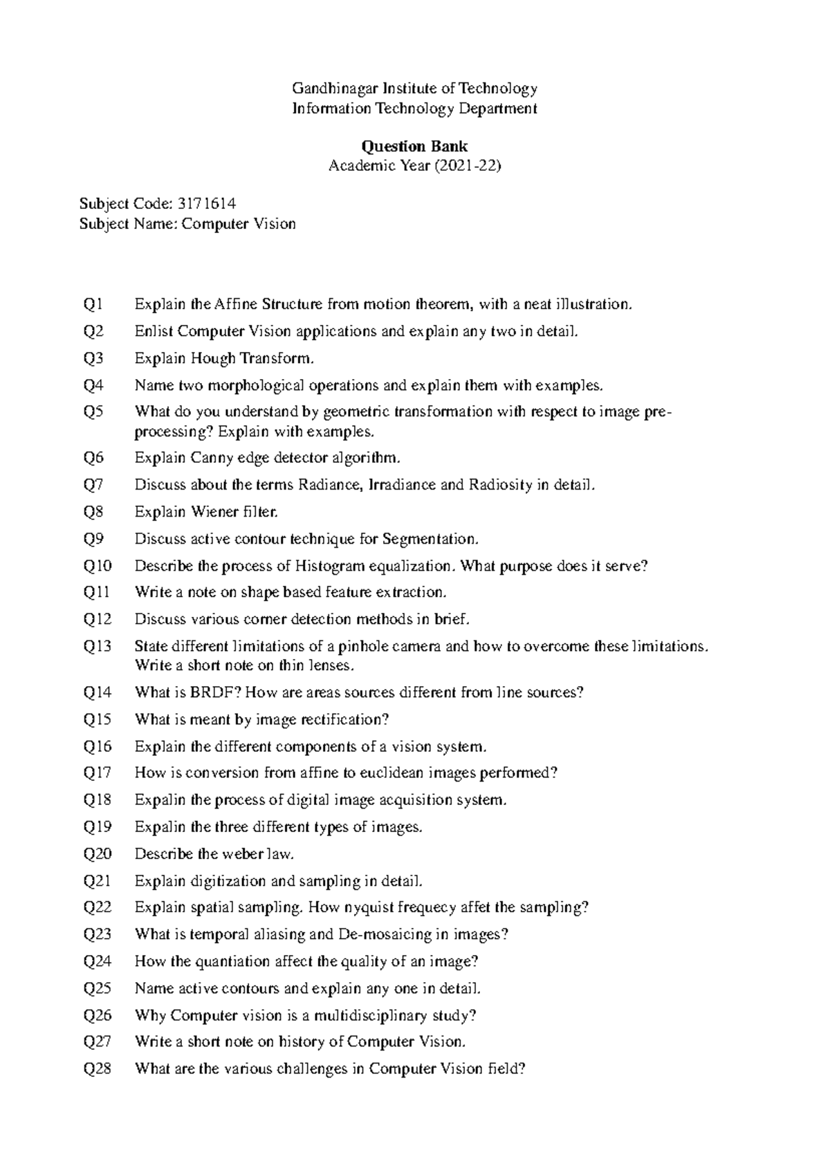 3171614 Computer Vision Question Bank - Academic Year 2021-22 - Studocu