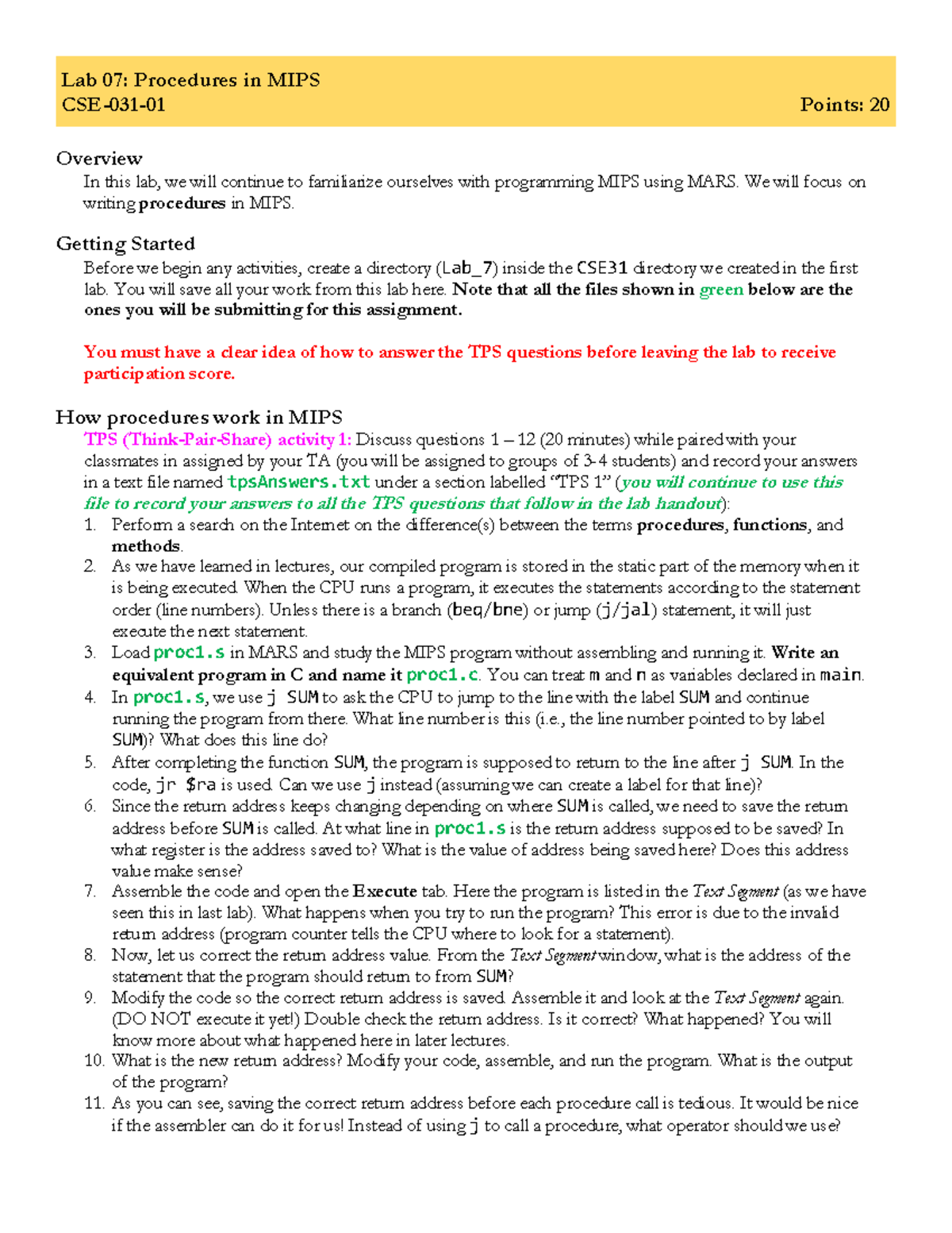 Lab 07: MIPS Procedures and Register Management Instructions - Studocu