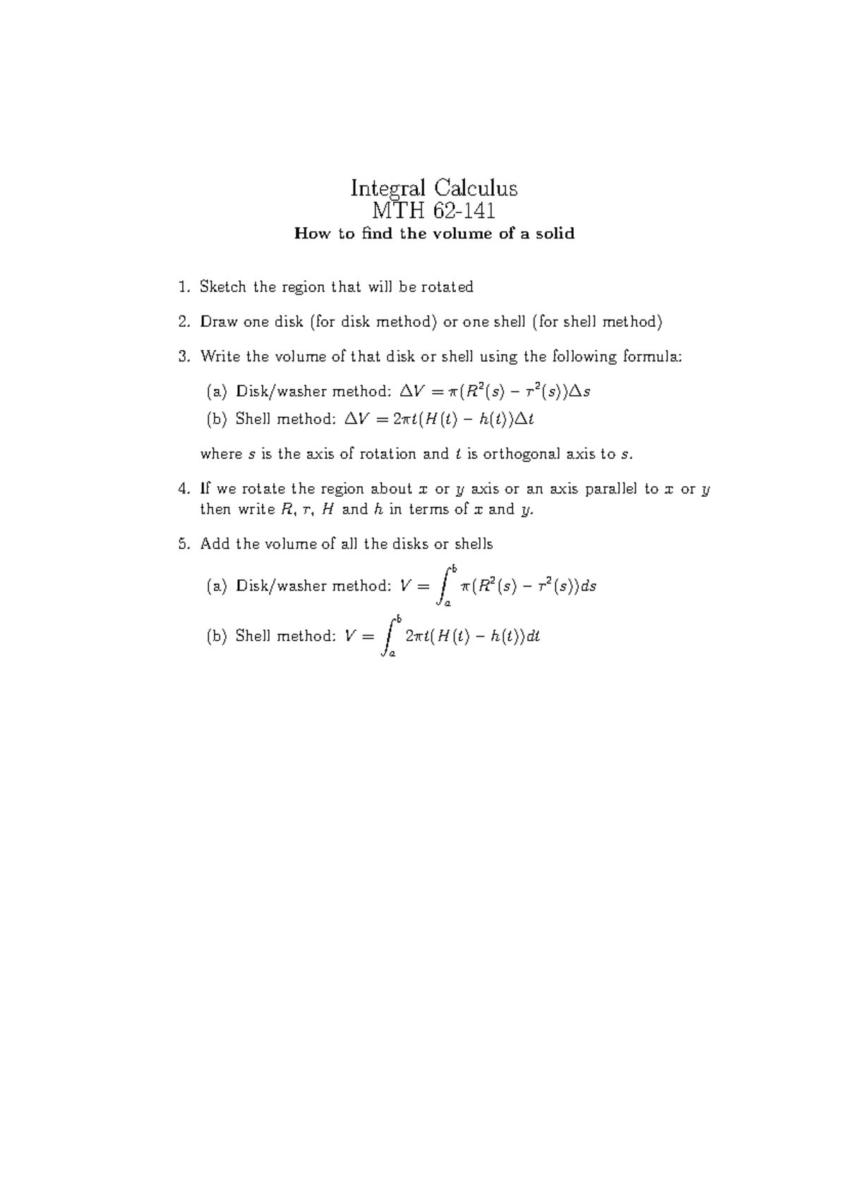 Integral Calculus MTH: Finding Volume of Solids via Disk & Shell ...