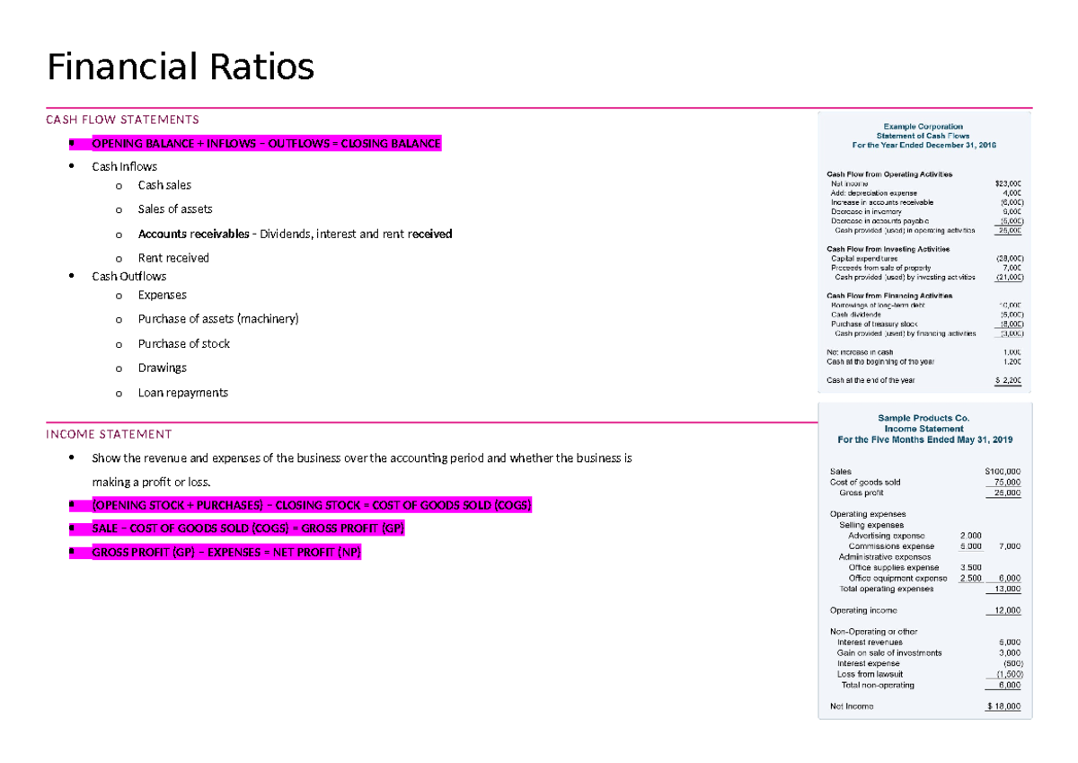 Financial Ratios - Financial Ratios CASH FLOW STATEMENTS OPENING ...