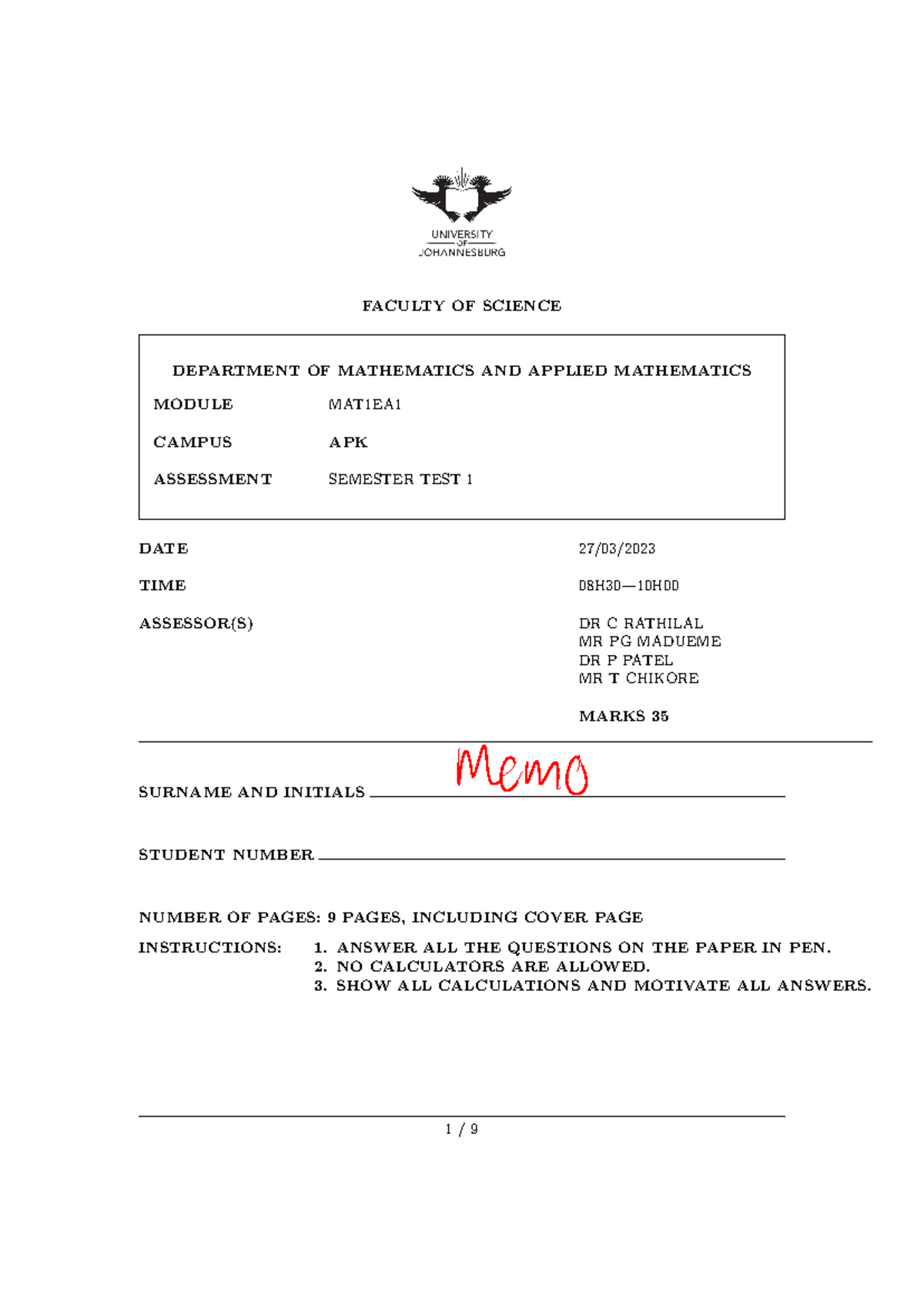 MAT1EA1 Semester Test 1Memo - FACULTY OF SCIENCE DEPARTMENT OF ...