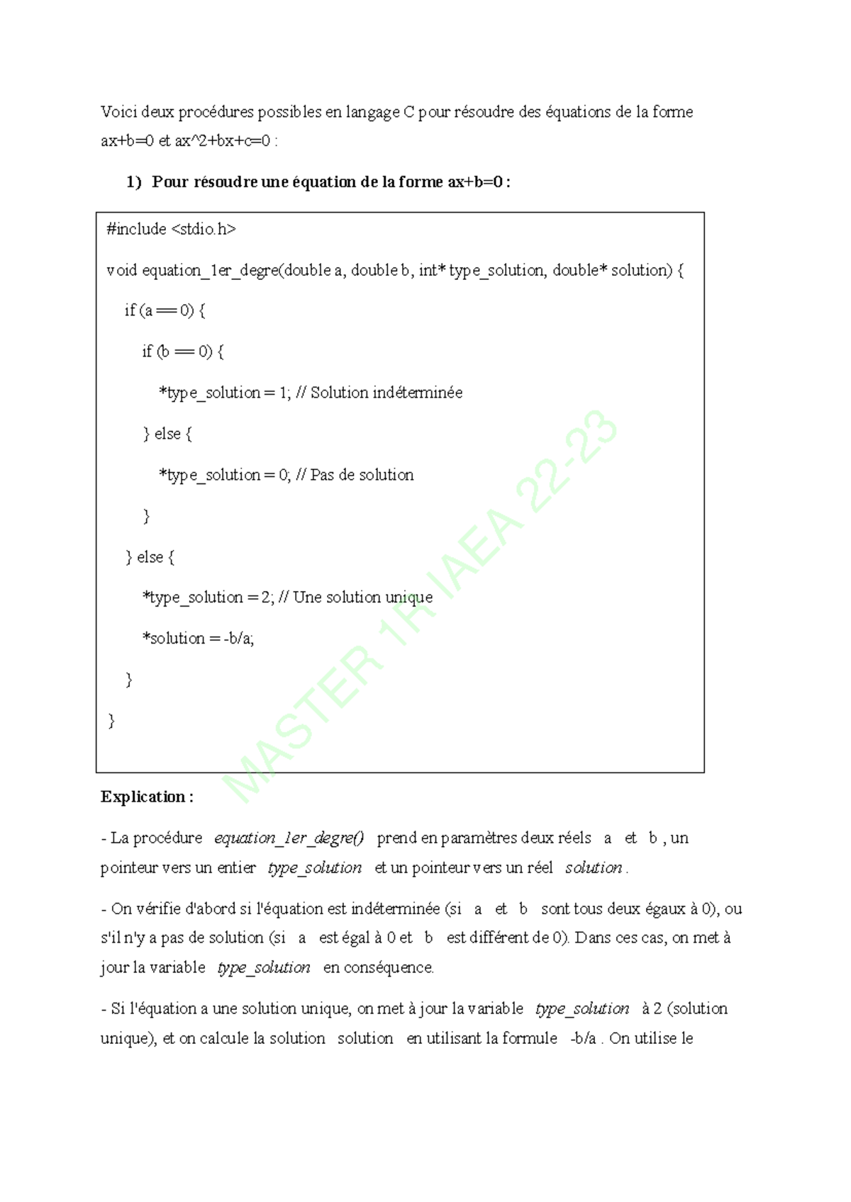 Résolution d'Équations du 1er et 2ème Degré en C/C++ - MASTER 1R IAEA ...