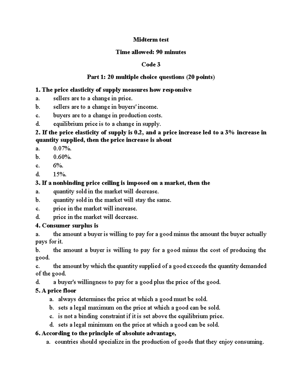 Midterm Test - Economics 101: Key Concepts and Questions - Studocu