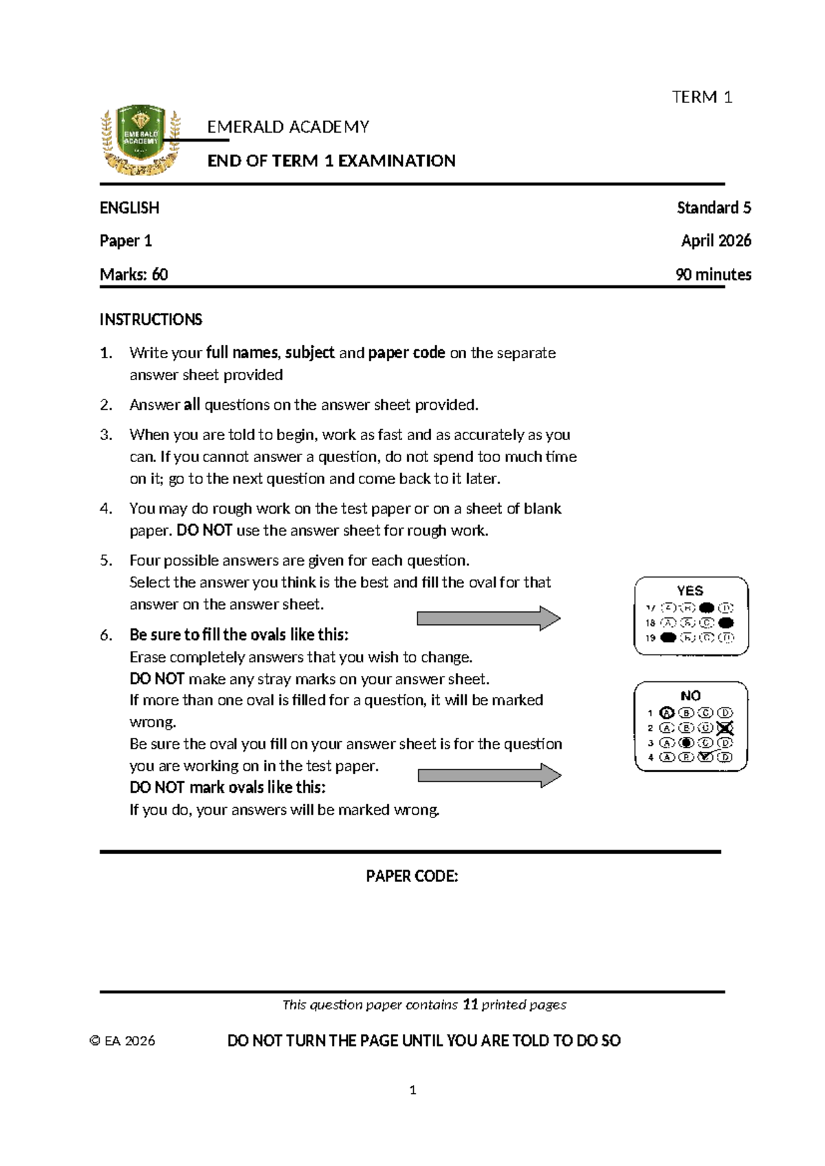 Standard 5 English Term 1 End of Exam Paper EA 2026 - Studocu