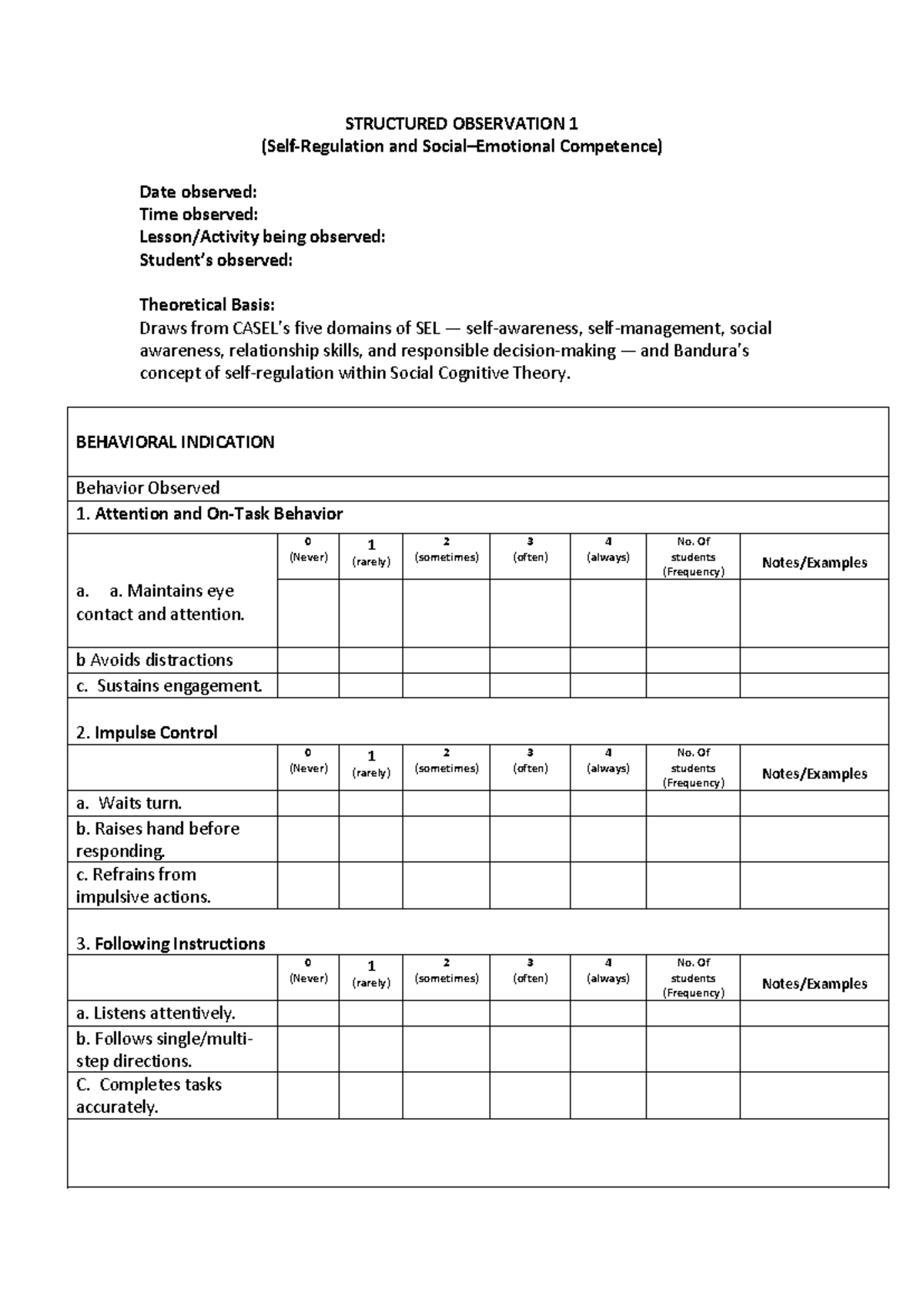 Structured Observation 1: SEL Competence Assessment - Studocu