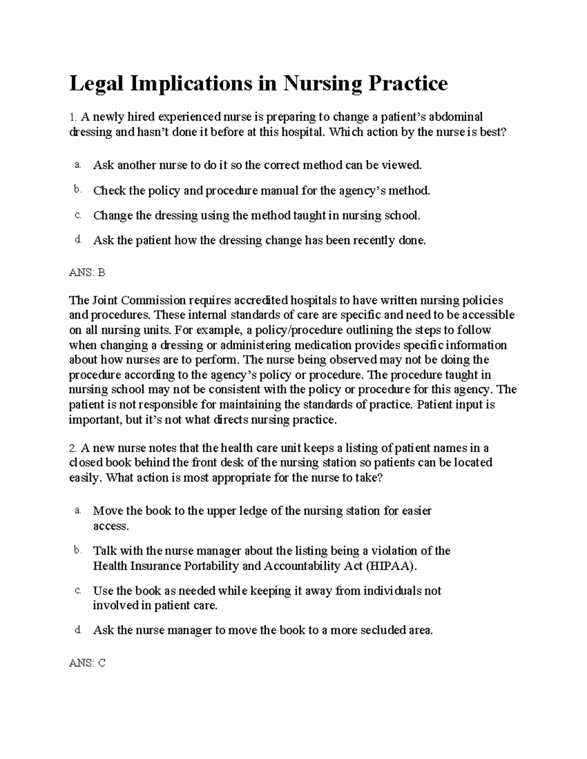 Legal Implications in Nursing Practice: Exam Questions and Answers ...
