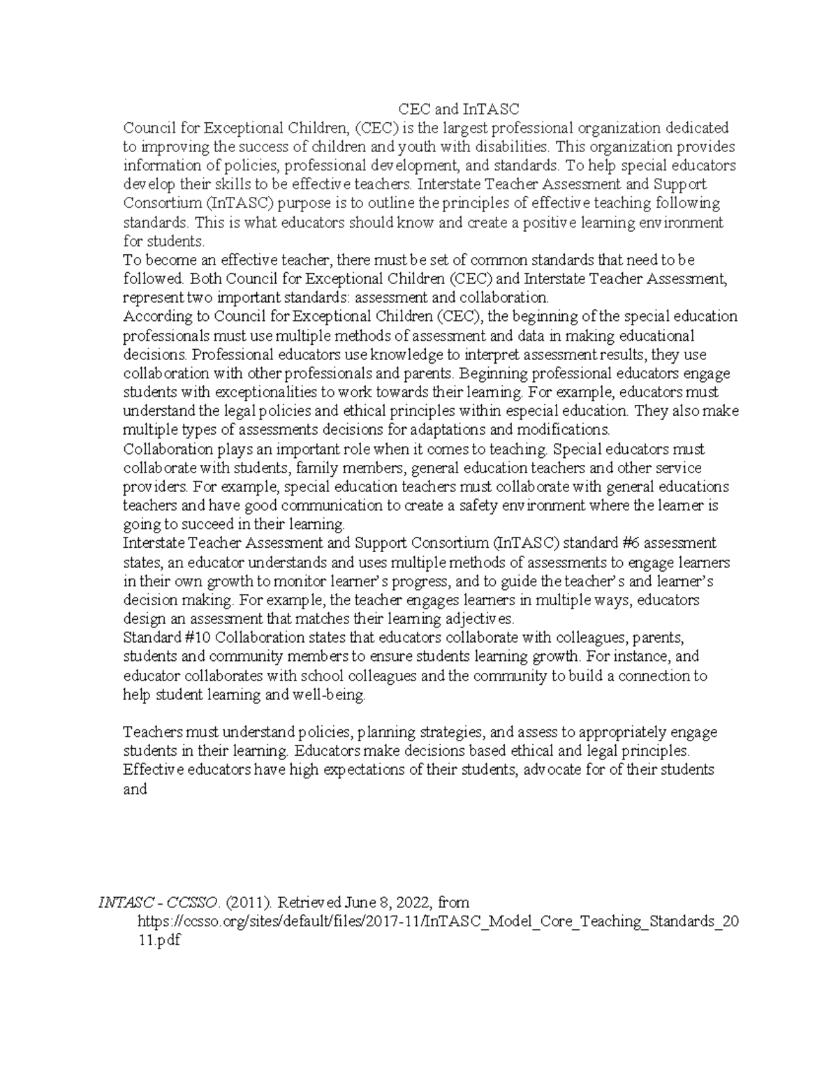 CEC and InTASC Standards for Effective Special Education Teaching - Studocu