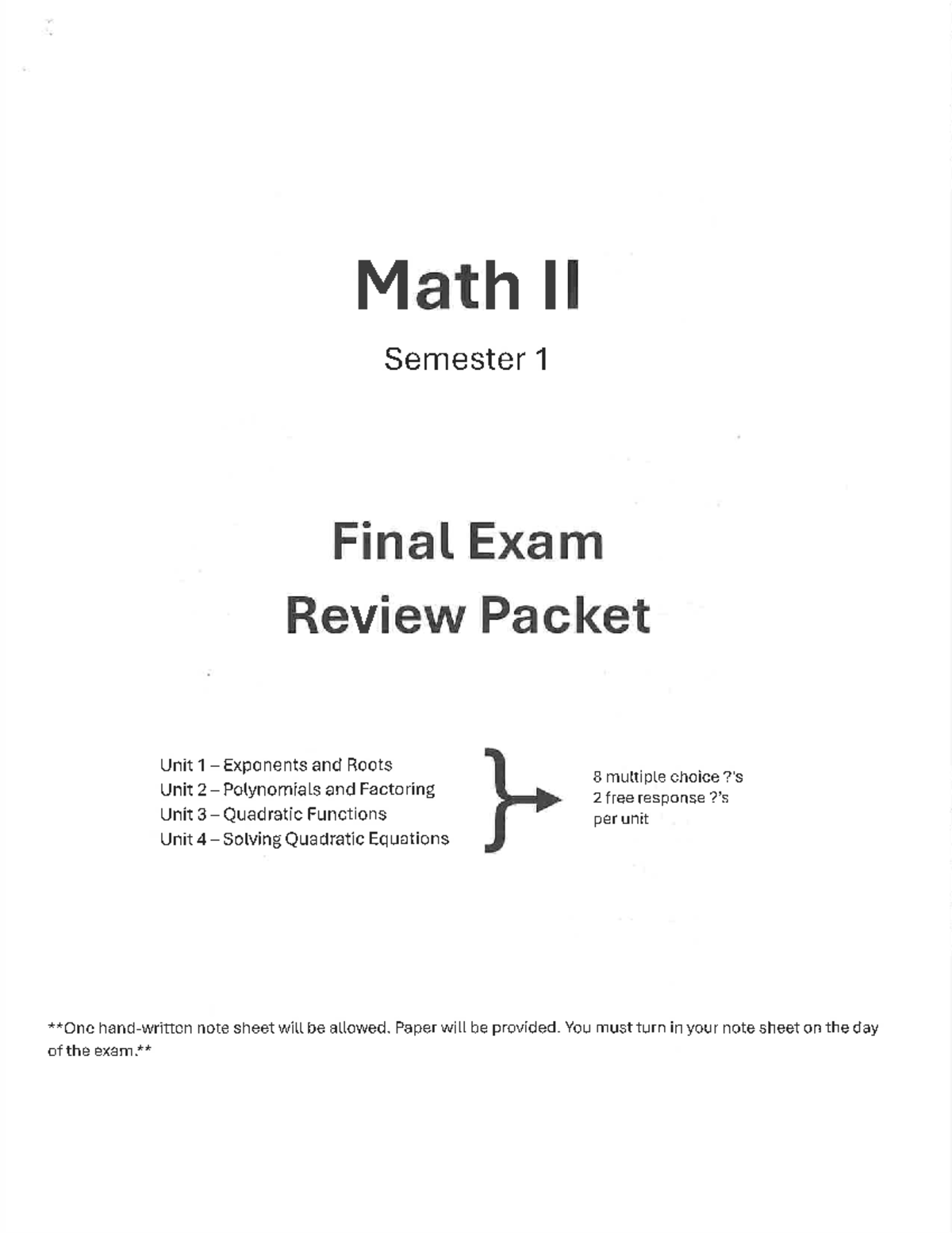 Math 2 Review Key - Other Teacher - Math II Semester 1 Final Exam ...