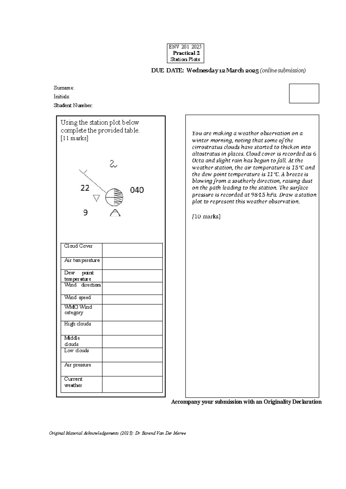 ENV201 2025 Practical 2: Weather Observation Station Plot Guide - Studocu