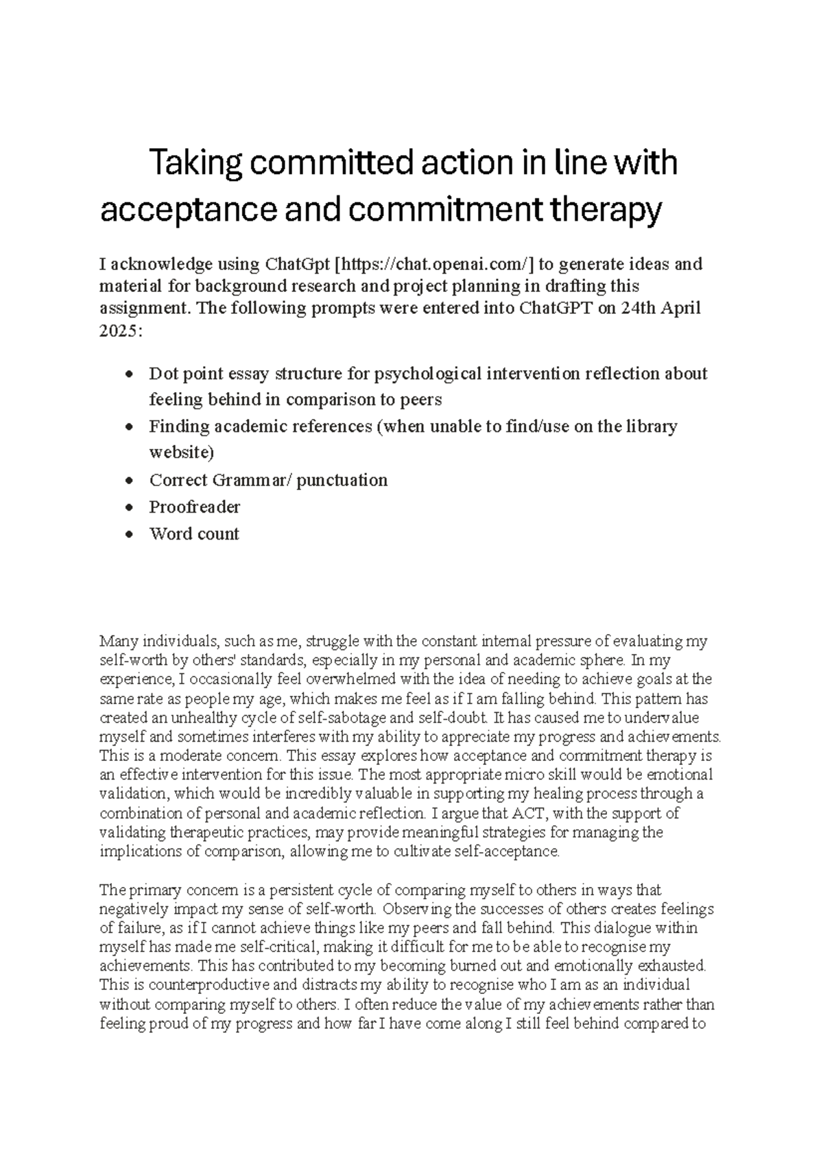 Psyc108 Essay: Exploring Acceptance and Commitment Therapy for Self ...