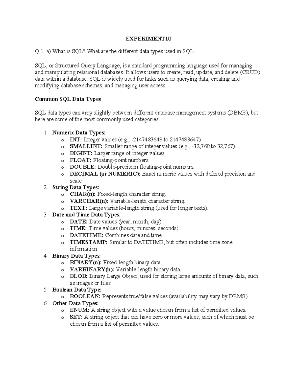 Experiment 10 - SQL Basics and Data Types Overview - Studocu