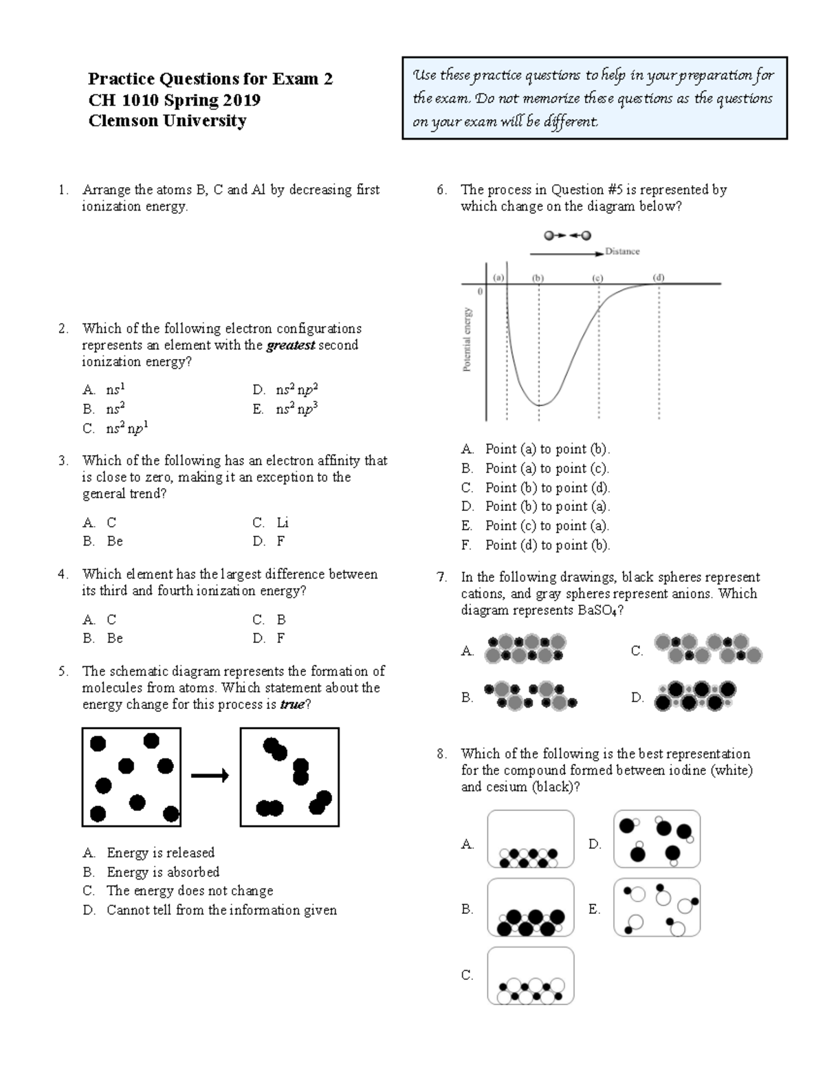 Sp19 CH1010 Exam 2 Practice Questions - Practice Questions for Exam 2 ...