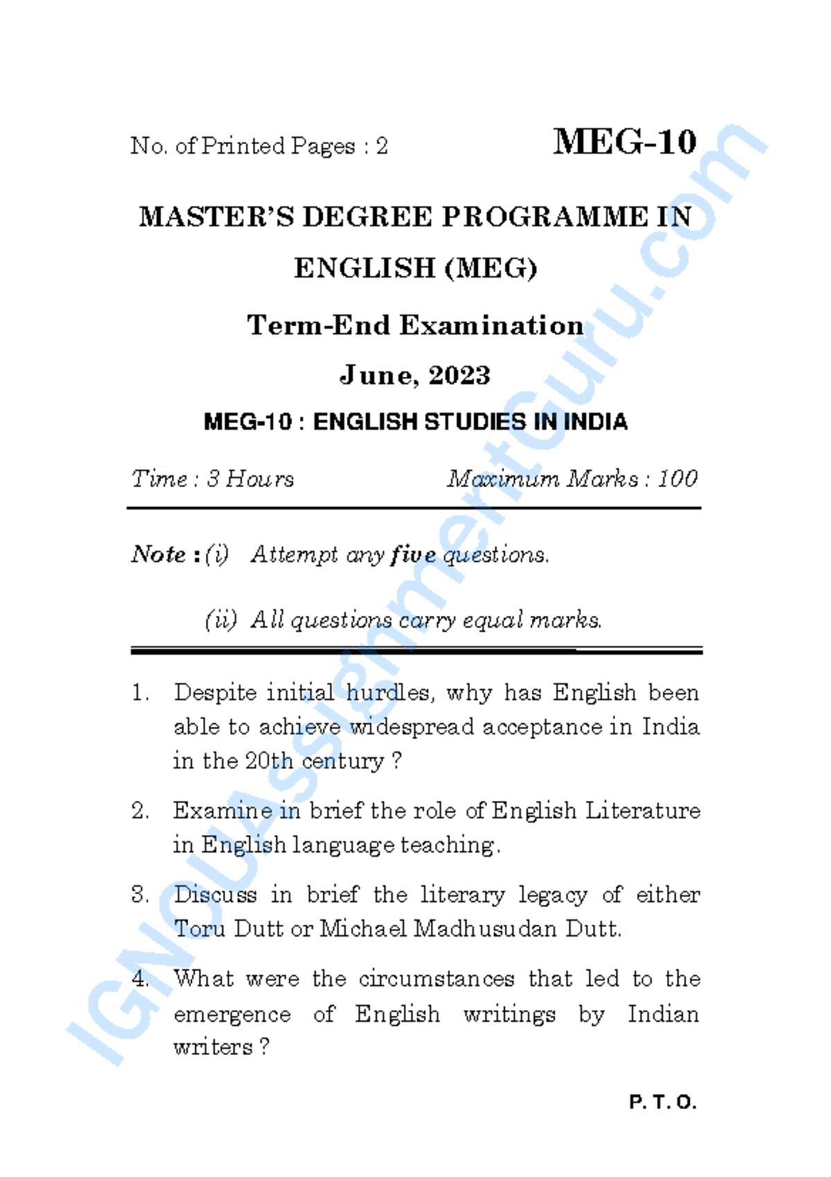 MEG-10 June 2023 Exam Questions: English Studies in India - Studocu