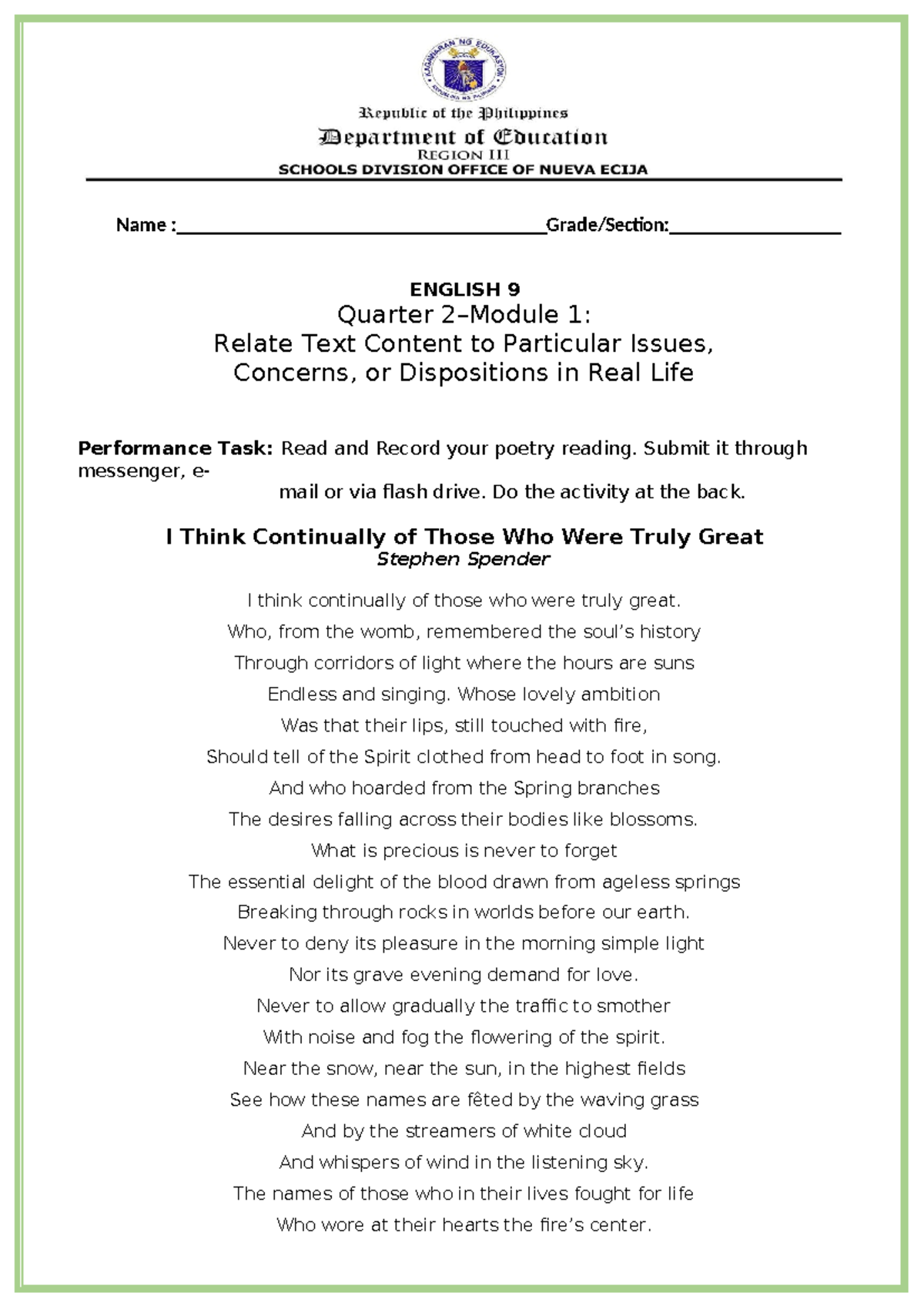 ENG9 LAS Q2 M1 - Performance task for I Think Continually of Those Who ...