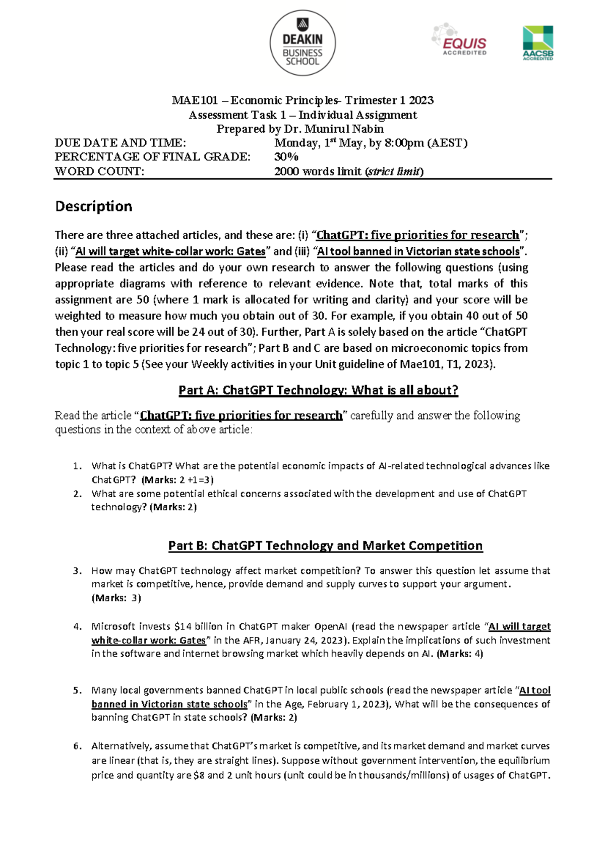 Assignment 1 MAE101 T1 20231 - MAE101 – Economic Principles- Trimester ...