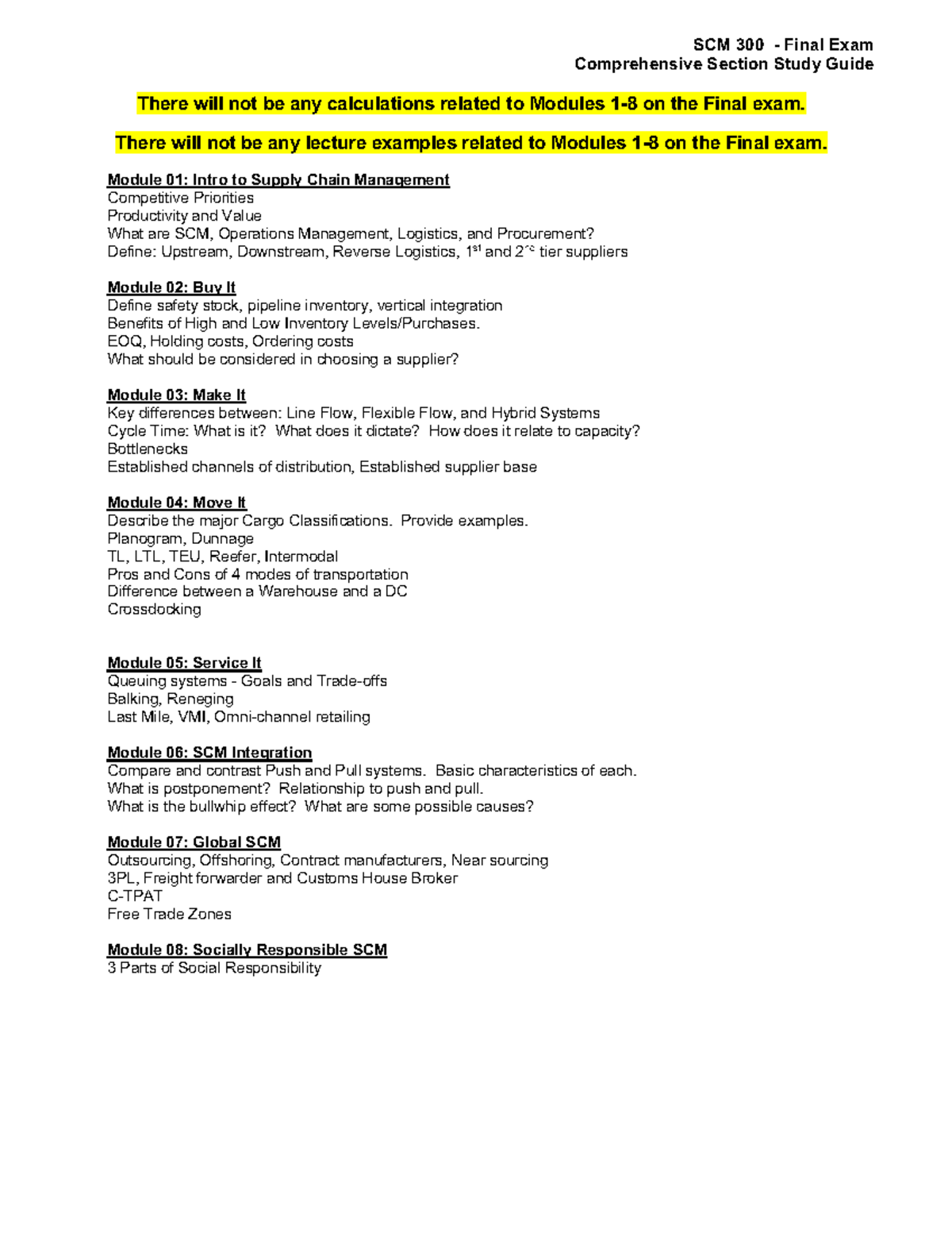 SCM 300 - Final Exam Comprehensive Study Guide Overview - Studocu