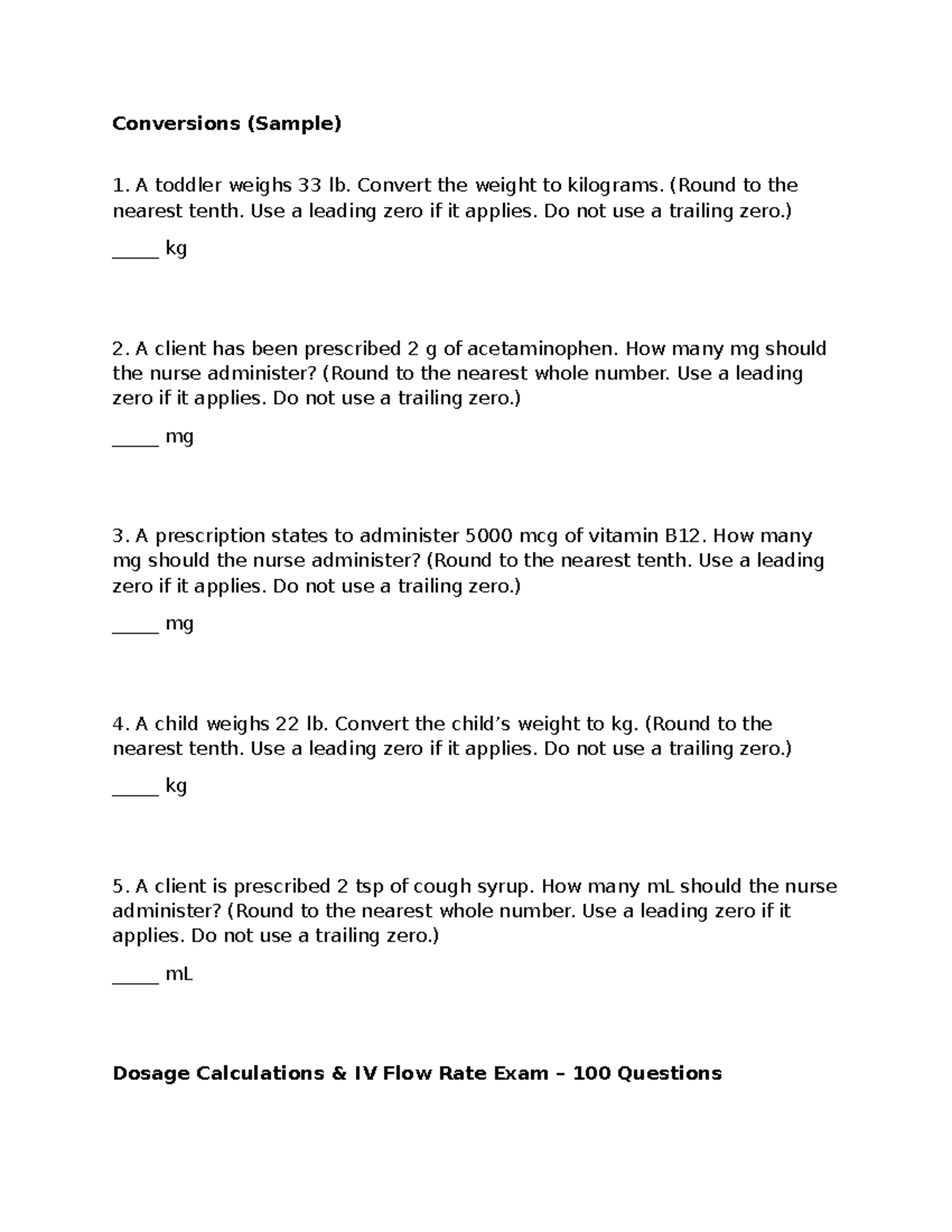 Dosage Calculations Practice Exam: Conversions & IV Flow Rates - Studocu