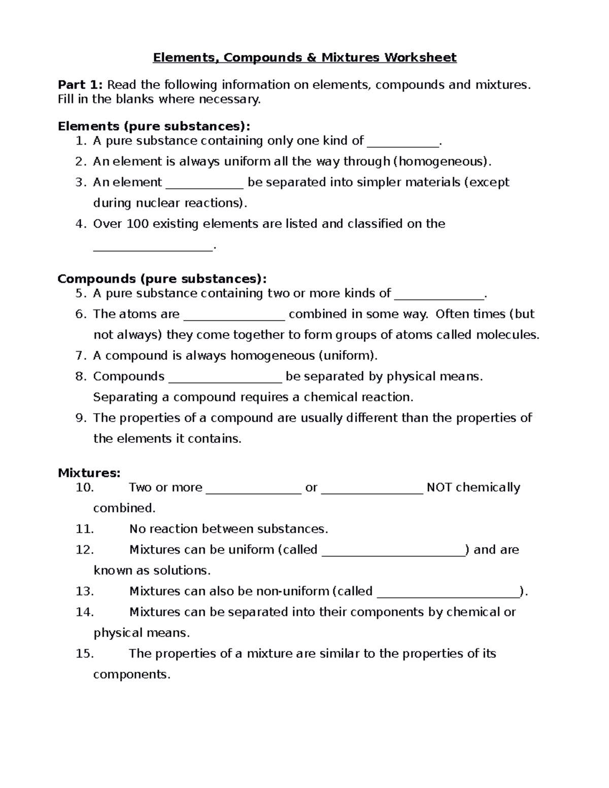 Classifying Matter: Elements, Compounds & Mixtures Worksheet - Studocu