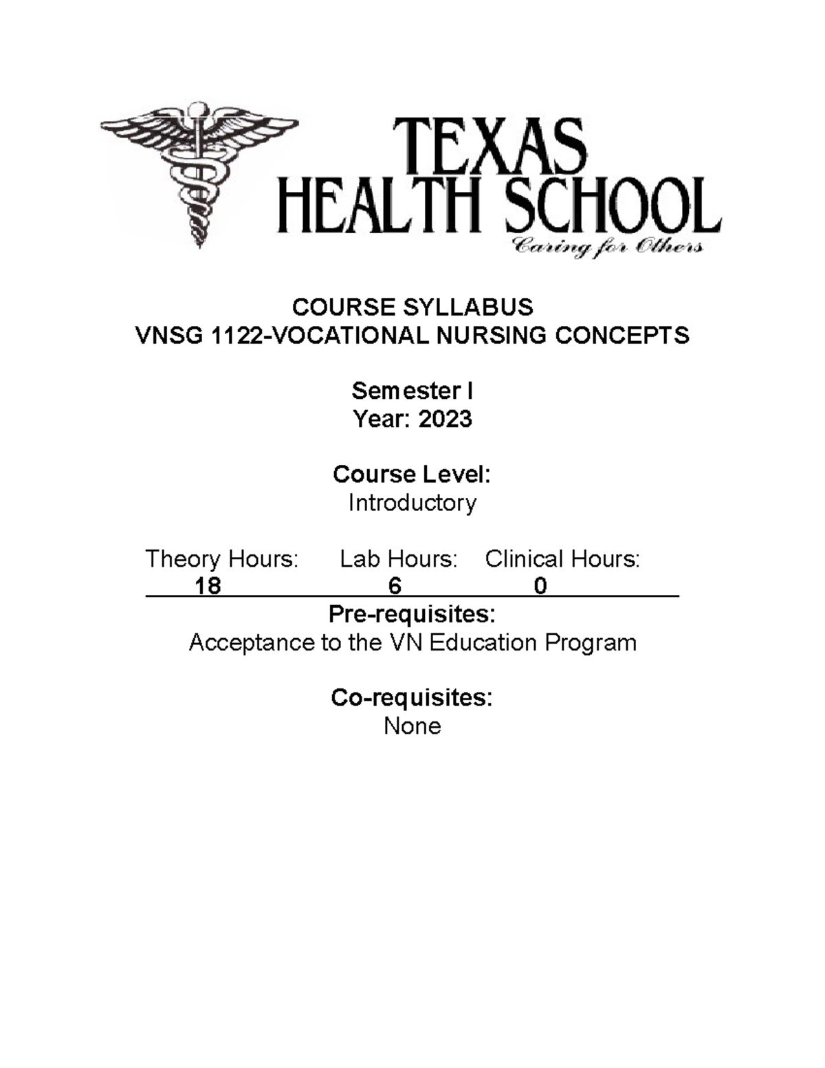 VNSG 1122 Vocational Nursing Concepts Syllabus - COURSE SYLLABUS VNSG ...