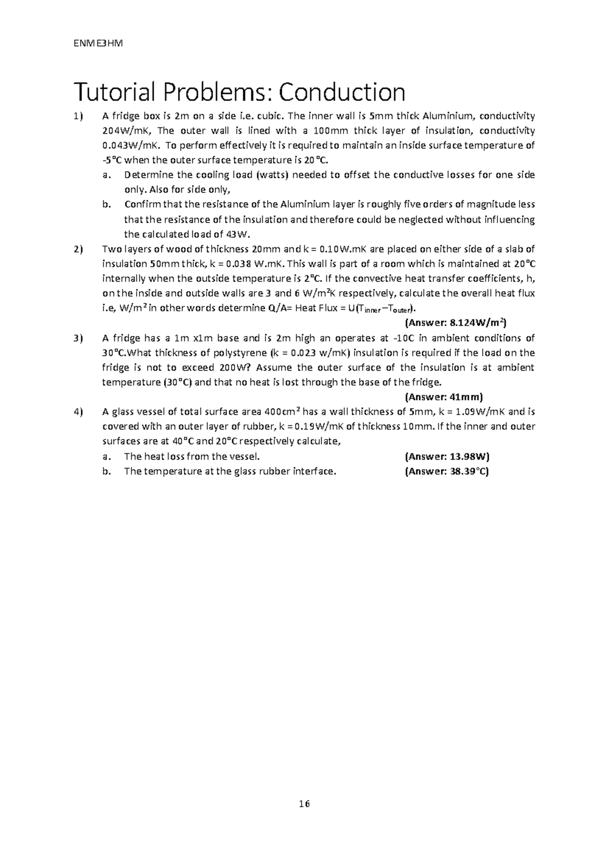 ENME3HM - Conduction Tutorial Problems: Heat Transfer & Insulation ...