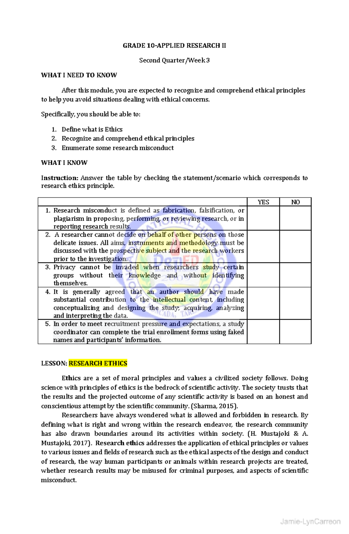 Research Ethics Principles in Grade 10 Applied Research II Module 3 ...