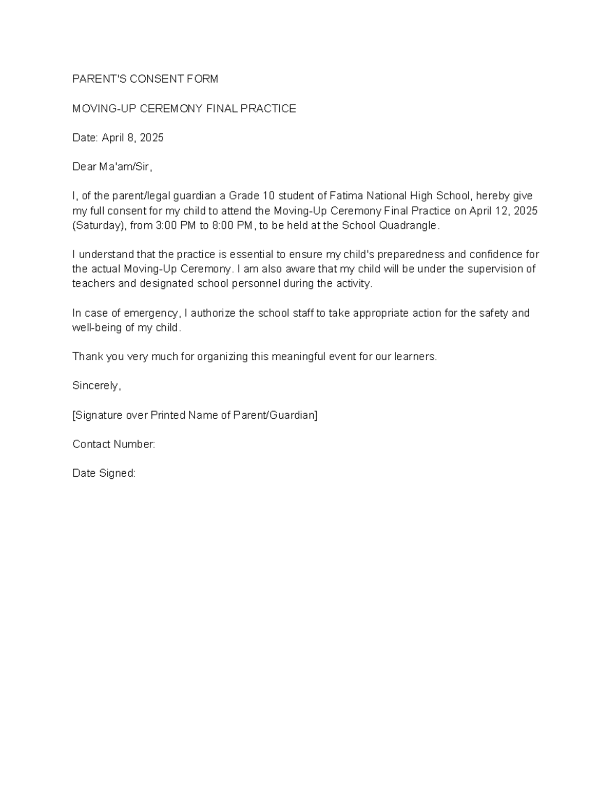 Grade 10 Parent's Consent Form for Ceremony Final Practice - Studocu