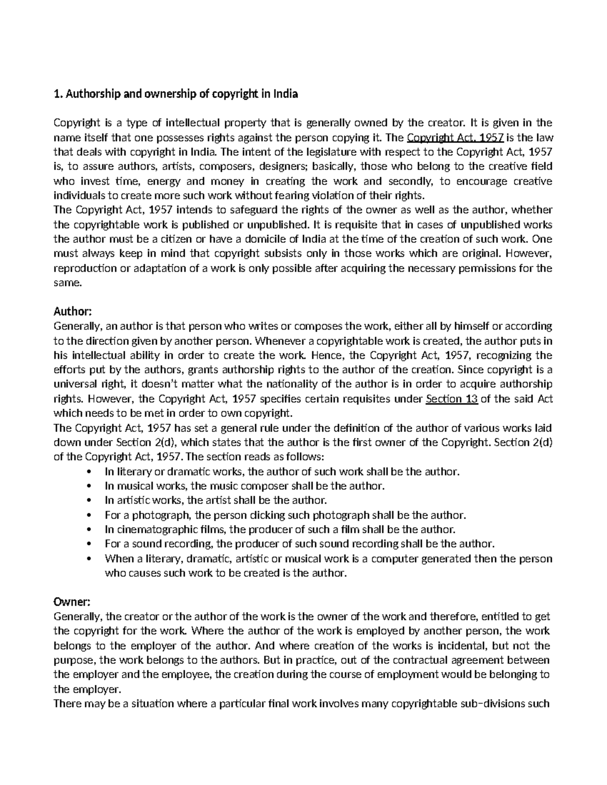 Copyright Notes - Final Exam Study Guide for Indian Law - Studocu