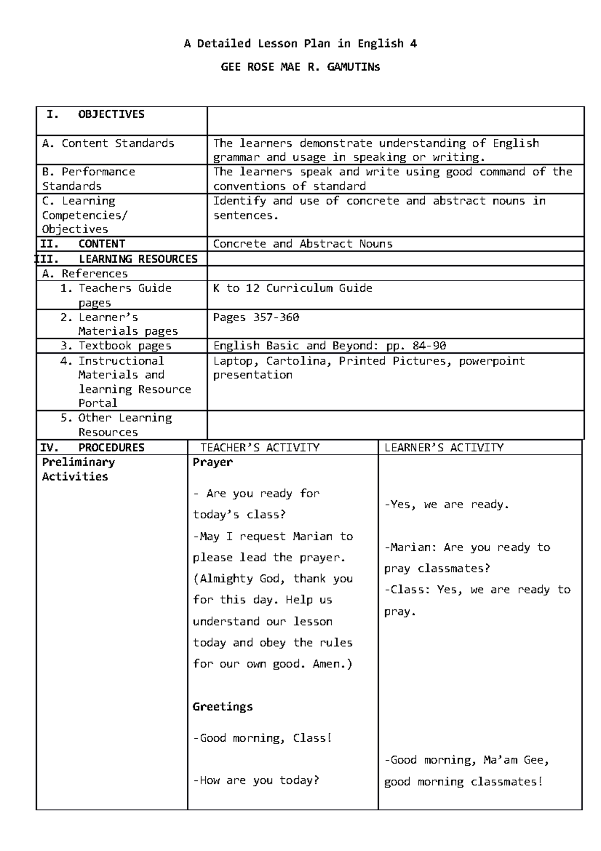 Detailed English 4 Lesson Plan on Concrete & Abstract Nouns - Studocu