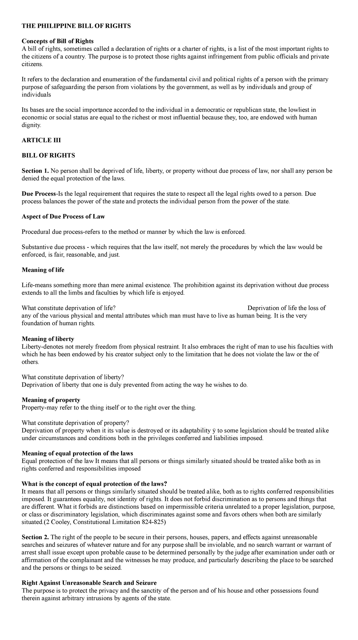 BILL OF RIGHTS (PHILIPPINES) - Comprehensive Study Notes Guide - Studocu