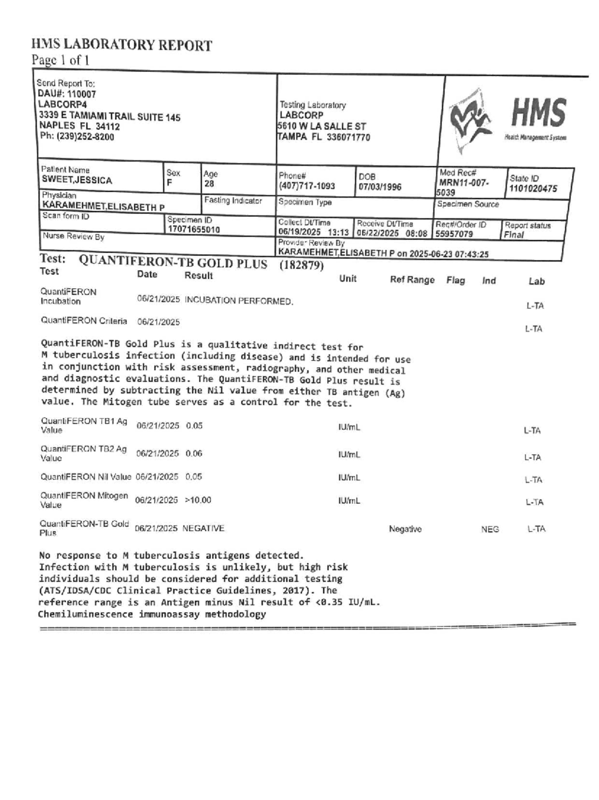 HMS Laboratory Report: QuantiFERON TB Results 2025 - Studocu