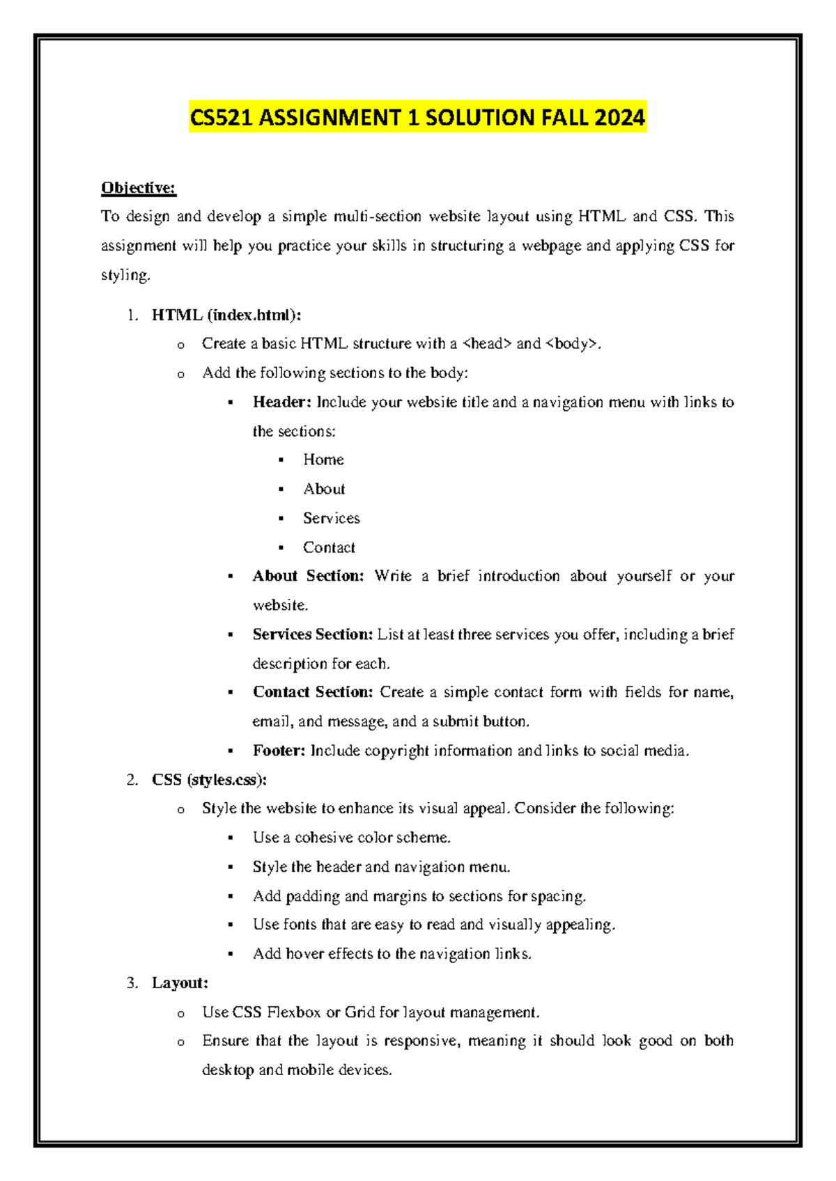 CS521 ASSIGNMENT 1 SOLUTION: HTML & CSS Website Layout Fall 2024 - Studocu