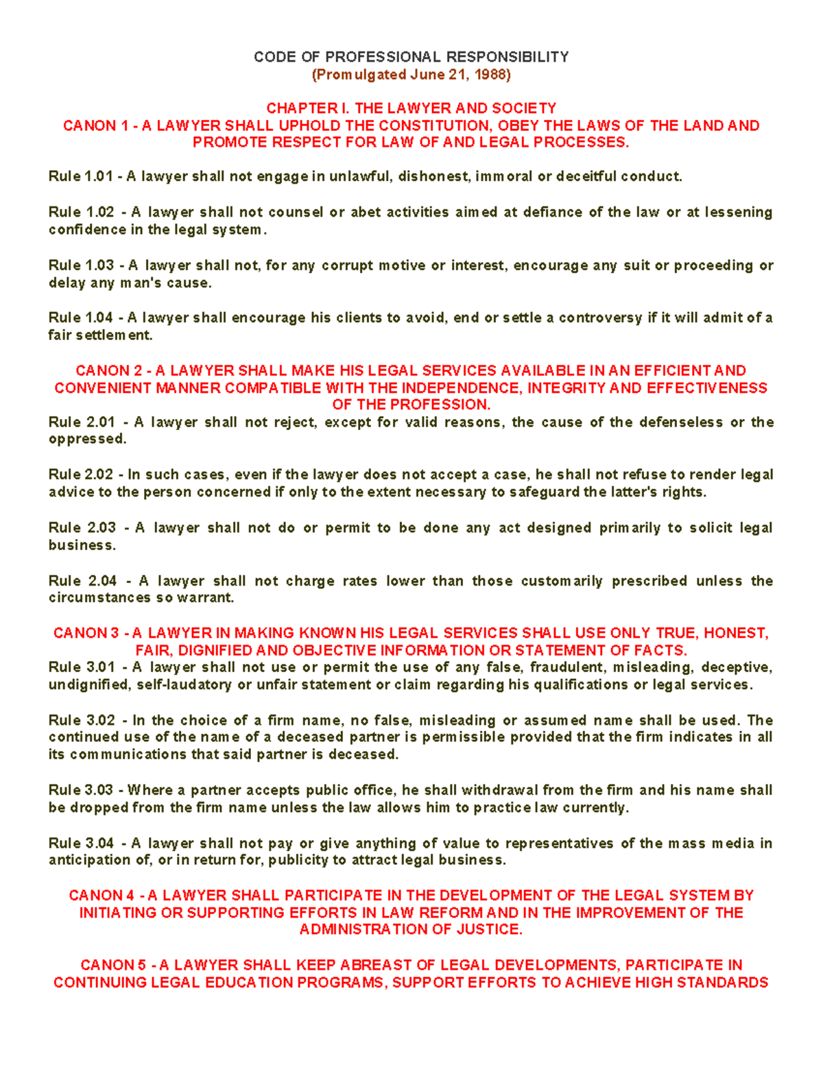 CODE OF PROFESSIONAL RESPONSIBILITY: Canons and Rules Overview - Studocu