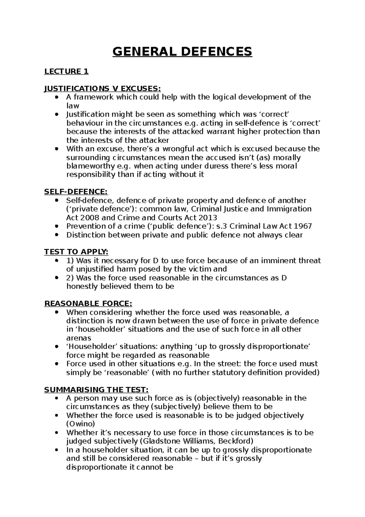 GENERAL DEFENCES LECTURE 1 & 2: Justifications, Excuses, and Duress ...