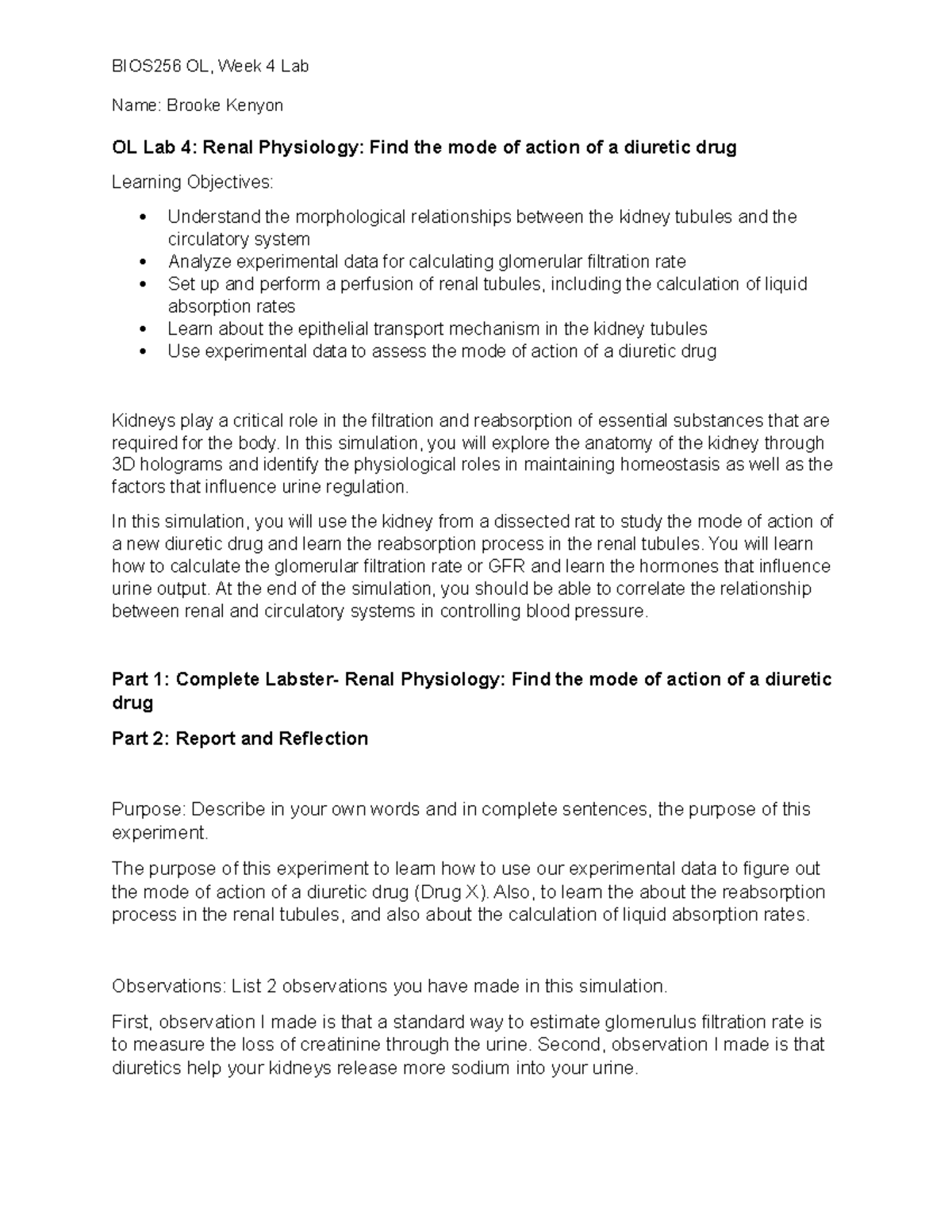 OL Lab 4: Renal Physiology and Diuretic Drug Action Analysis - Studocu