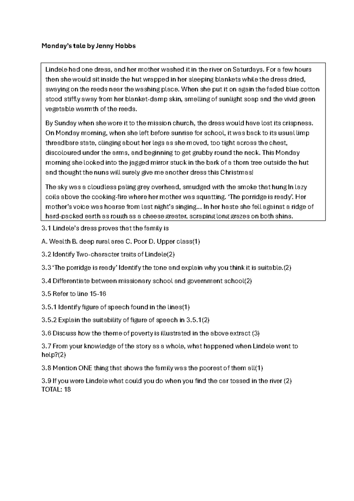 Monday Tale Questions - English FAL Grade 11 Exam Prep - Studocu