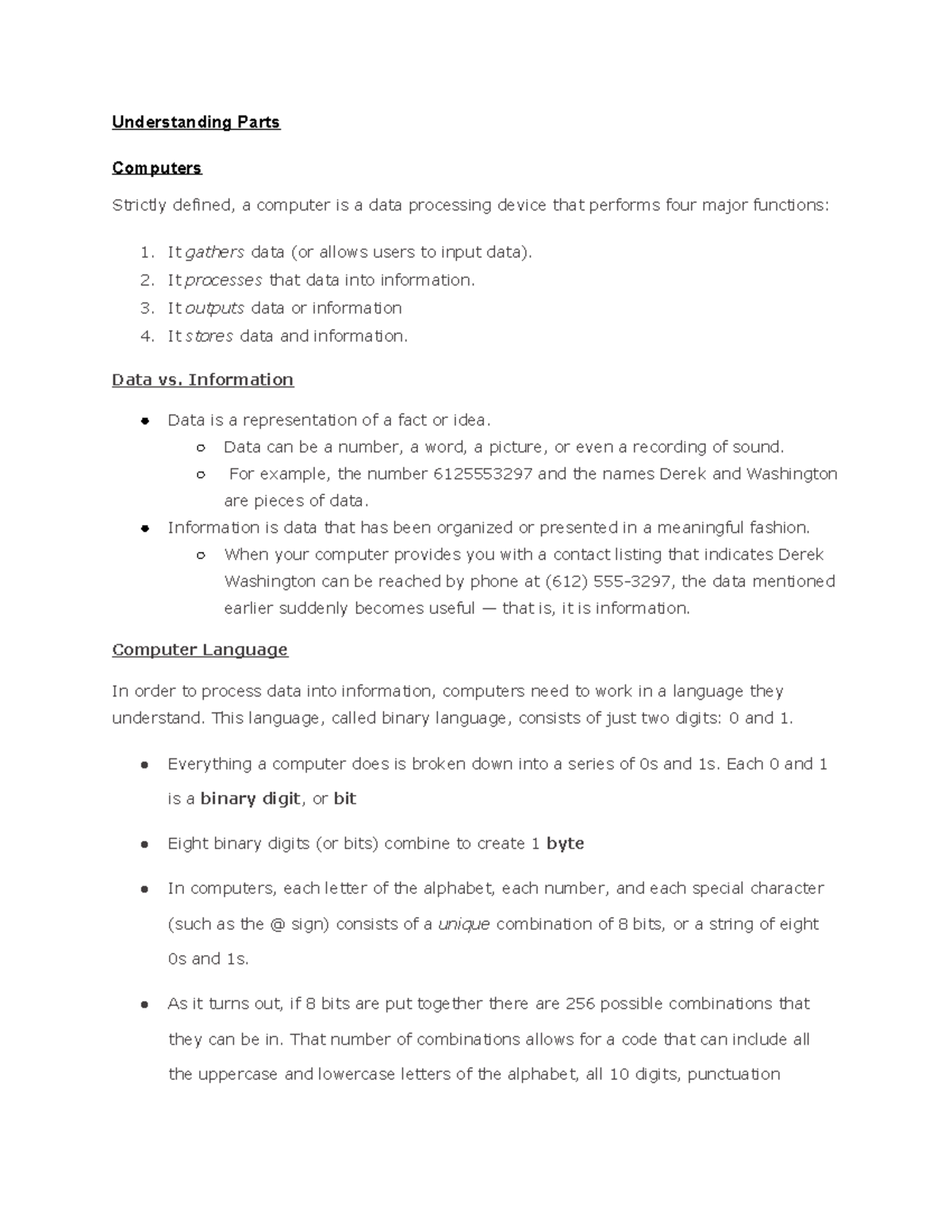 Unit 2 - notes from online course - Understanding Parts Computers ...