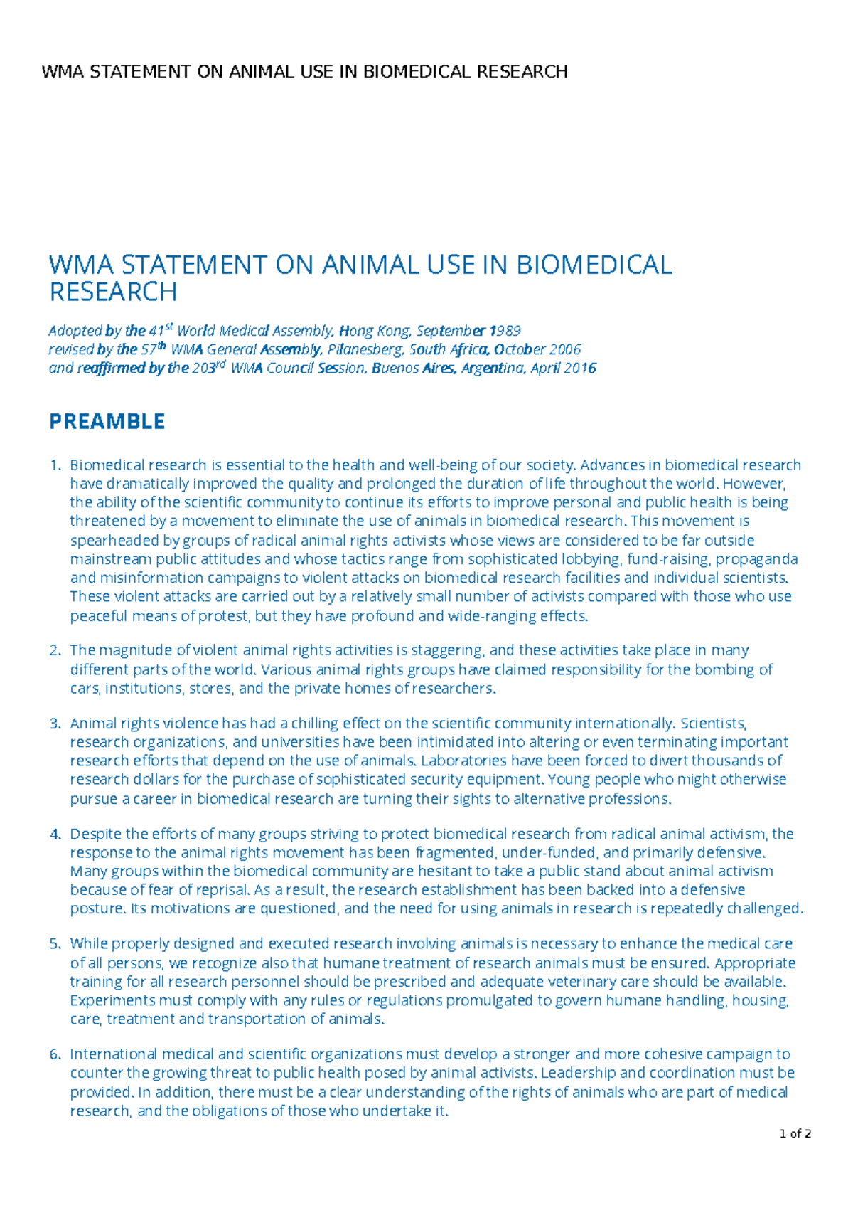WMA Statement on Animal Use in Biomedical Research: 2016 Update - Studocu